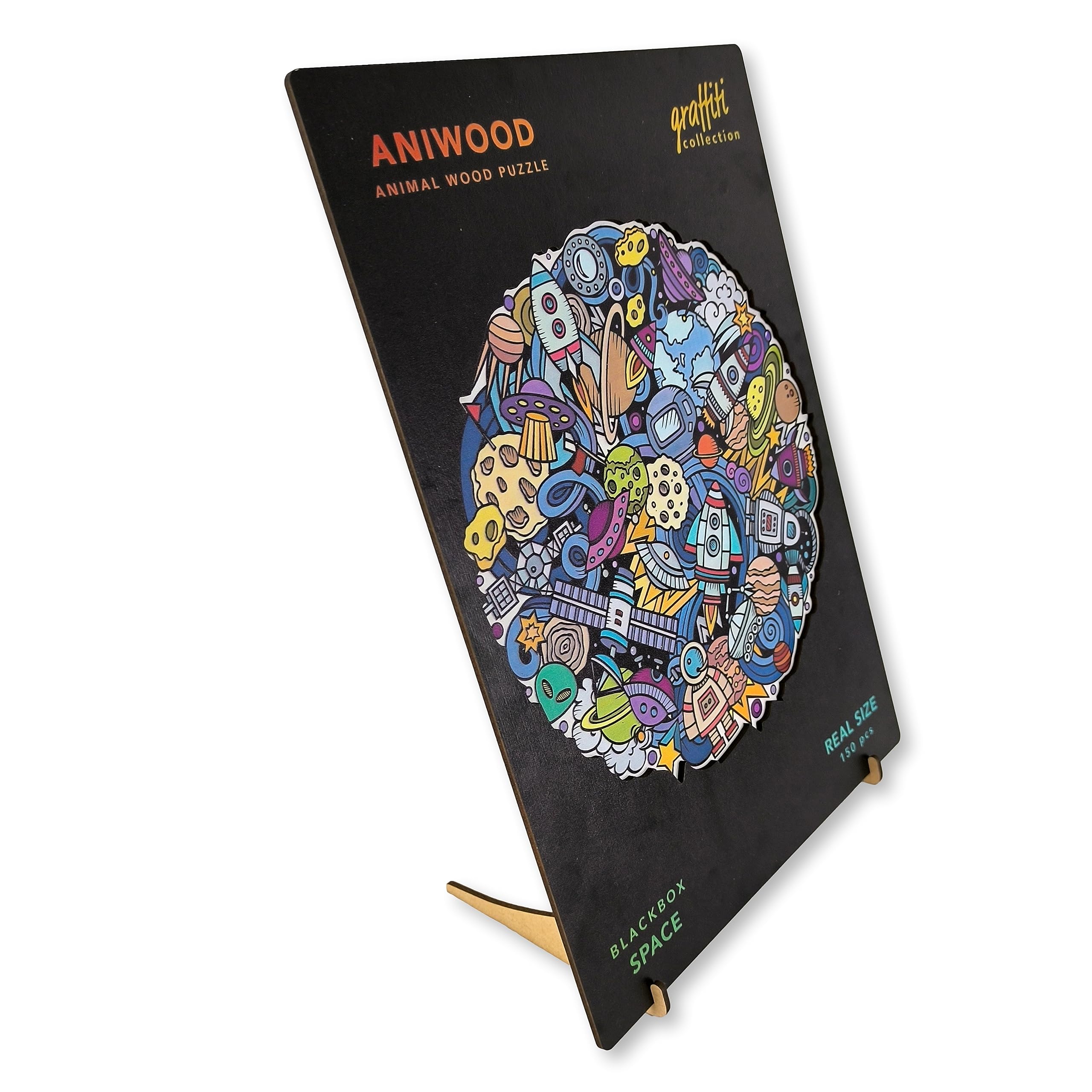 ANIWOOD Puzzle en Bois en Forme d'animal. Couvercle découpé à la Taille réelle du Puzzle. Contient des pièces Uniques d'animaux (Mandalas Espace, M)