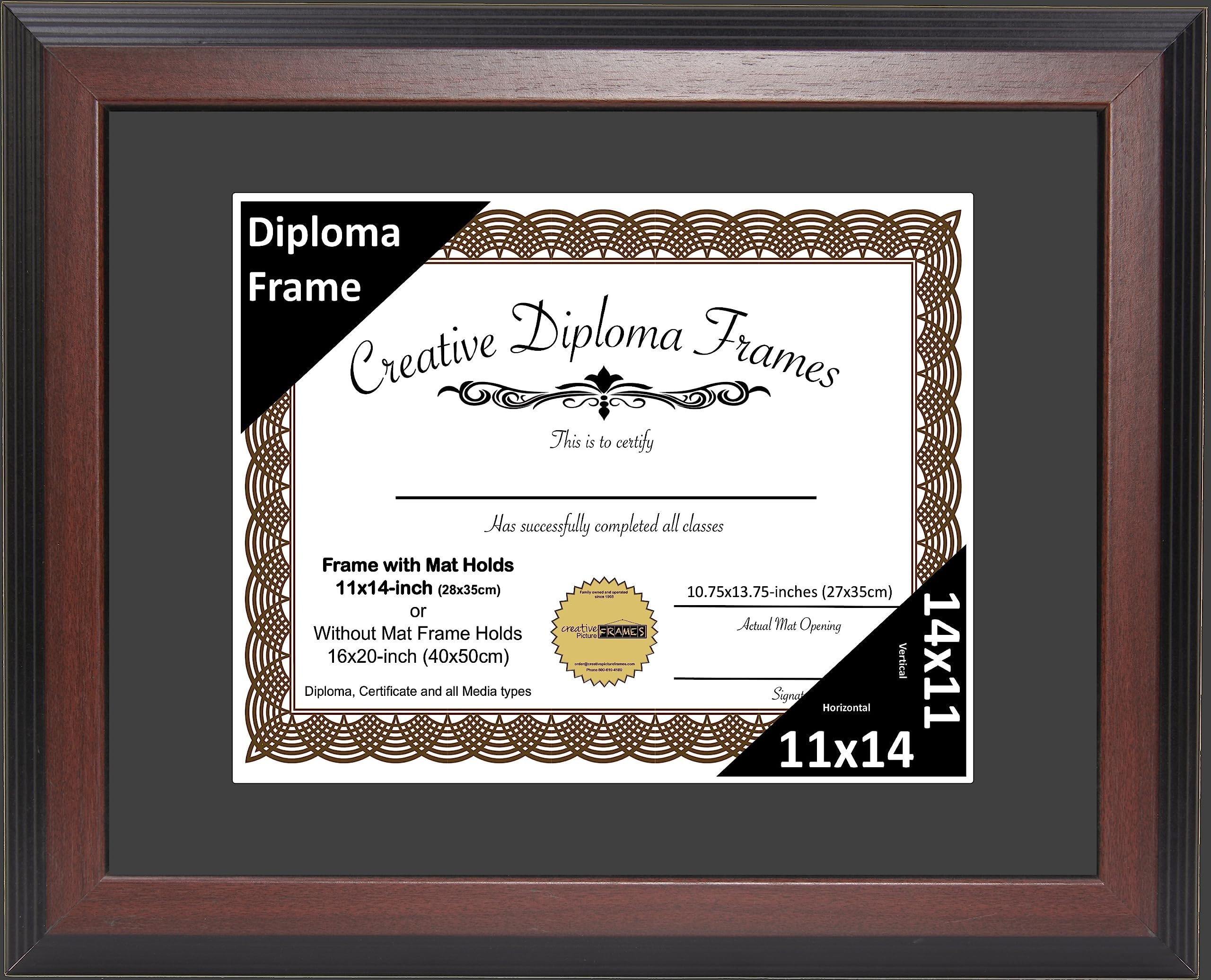- Creative Picture Frames 11x14 Mahogany Finish Diploma Frame with Black Matting Holds 11 by 14-inch Documents with Glass and installed Wall Hanger