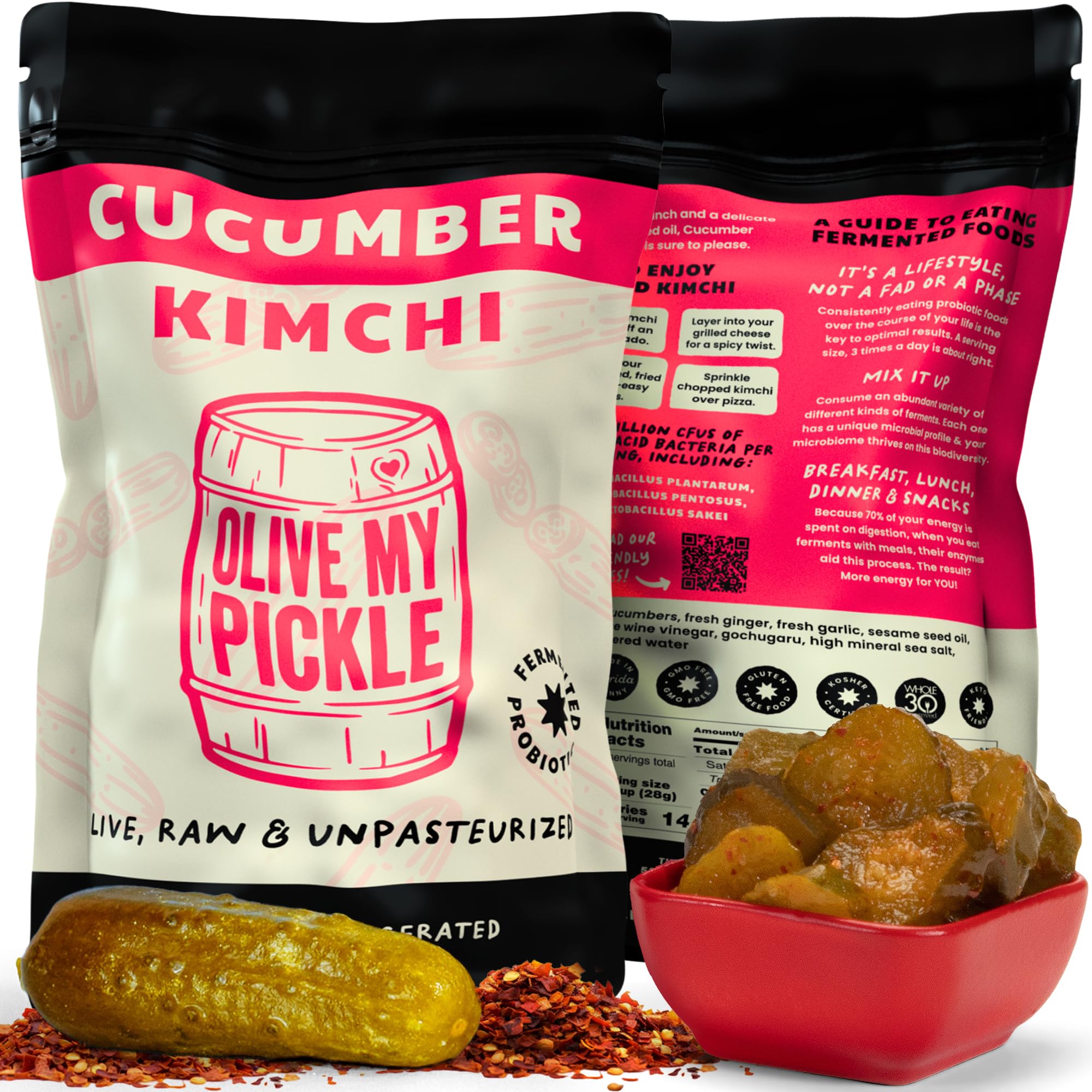 Olive My Pickle Kimchi Fermented - 32 oz | 2-Pack of Probiotic Cucumber Vegan | Fresh Korean Kimchi with Natural Probiotics for Gut Health - Perfect