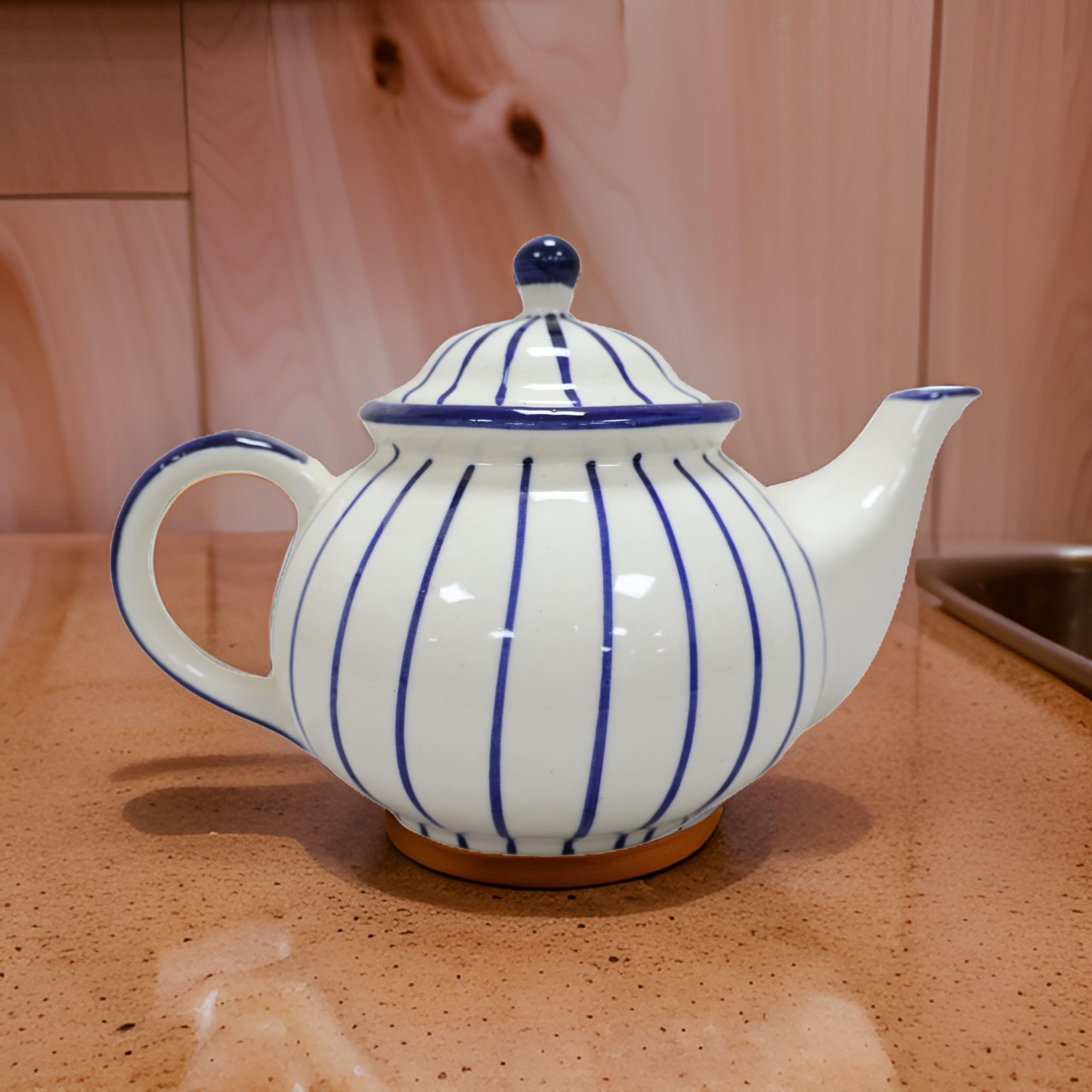 Saras aajeevika Khurja Pottery Handmade Ceramic Round Tea Pot-1000ml|Prefect for Serving Hot Soups Herbal Coffee Milk Teapot Sauce Boat Daily Use Home Kitchen Dining Table Decor Return Gift Items