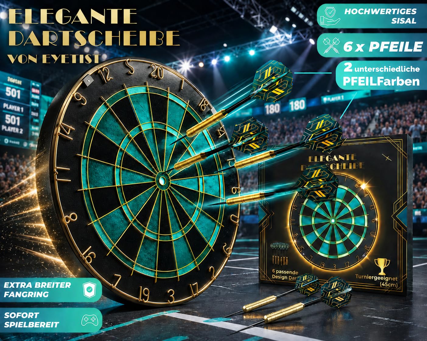 Dartscheibe Dartboard Sisal Professionell Türkis mit Goldener Zahlenring & Pfeilen - Profi Steeldartscheibe - Dart Scheibe Target mit 6 Dartpfeilen Metallspitze golddart Flight Barrels shafts schäfte