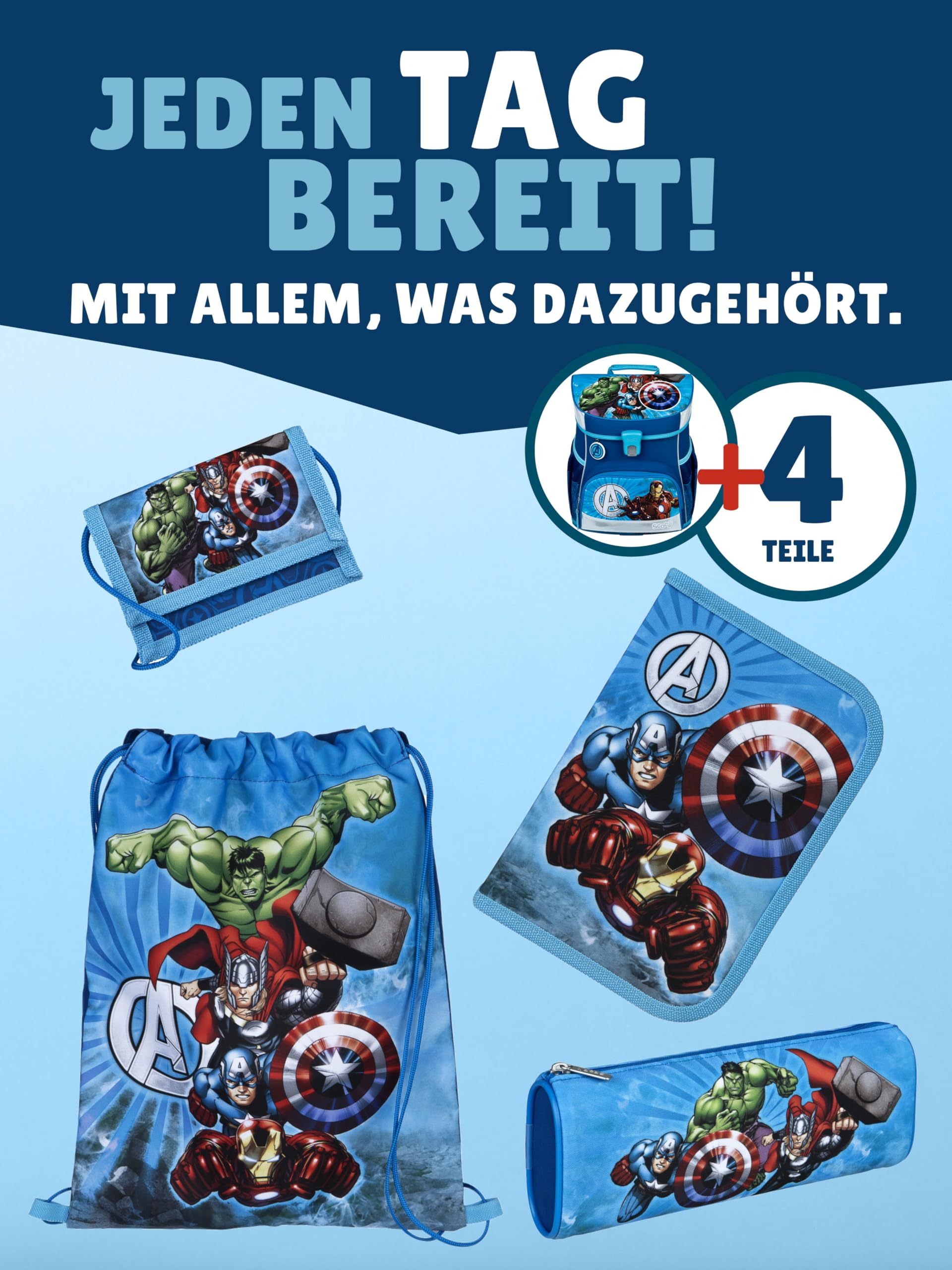 Familando - Scooli Campus Fit Schulranzen Set - 5-teilig mit Federmappe - Marvel Avengers Hell-Blau - Ergonomisch, stabil & 980g leicht - 18L Volumen - Brustgurt & Reflektoren - ab 1. Klasse
