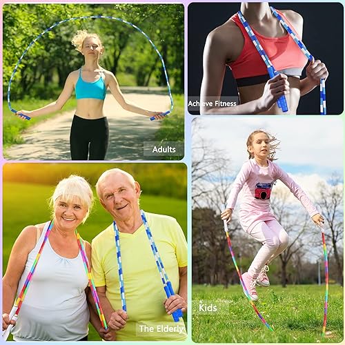 Miniatura 6 de Fezog Paquete de 2 cuerdas de saltar con cuentas de arcoíris para niños, cuerda de saltar segmentada para niños y adultos, cuerda sin enredos para