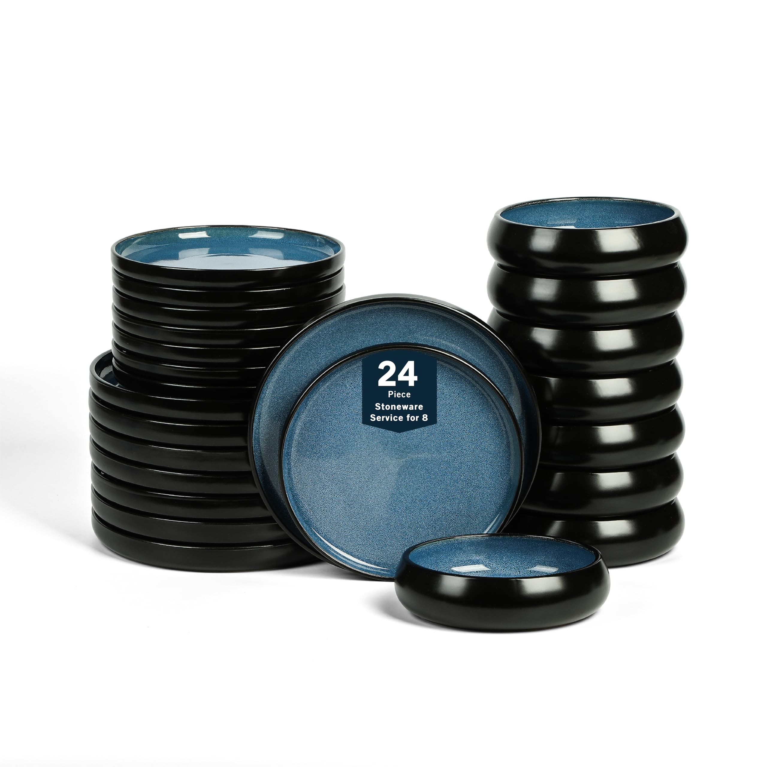 Stone Lain Lagoon 24-Piece Dinnerware Set Stoneware, Plates and Bowls set, Microwave and Dishwasher Safe, Dish Set for 8, Blue