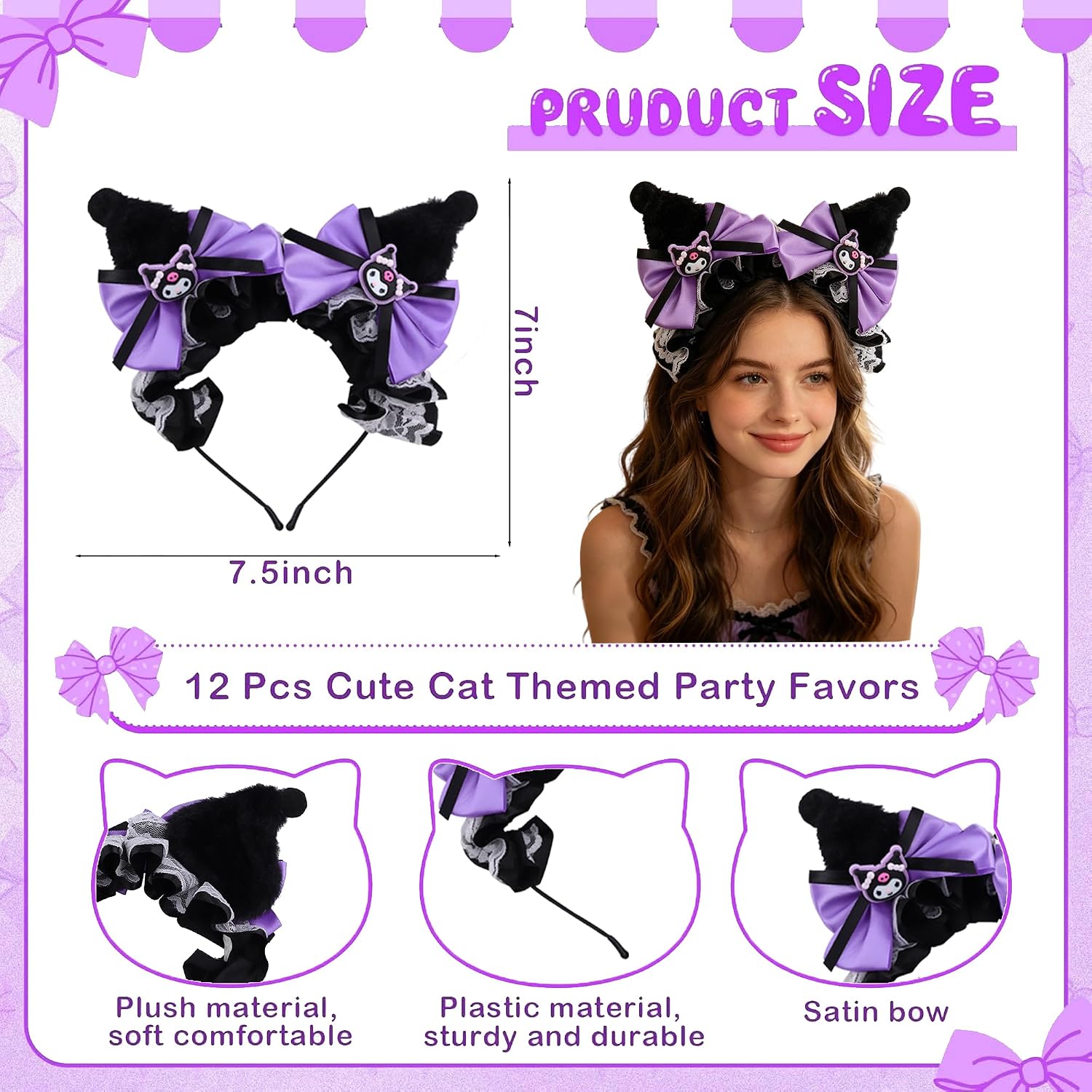Roffatide Anime Kuromi Hairpin Ear Plush Hairband With Bows & Lace Ribbons Girls Kawaii Costume Halloween Christmas Holiday Party Birthday Gift Black