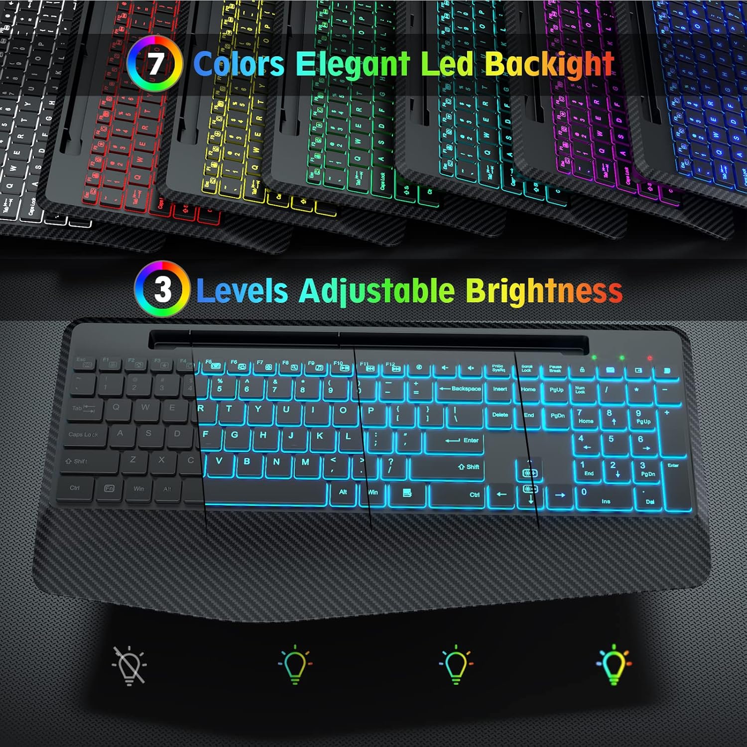 SABLUTE Wireless Keyboard showing 7 different backlight colors and 3 adjustable brightness levels.