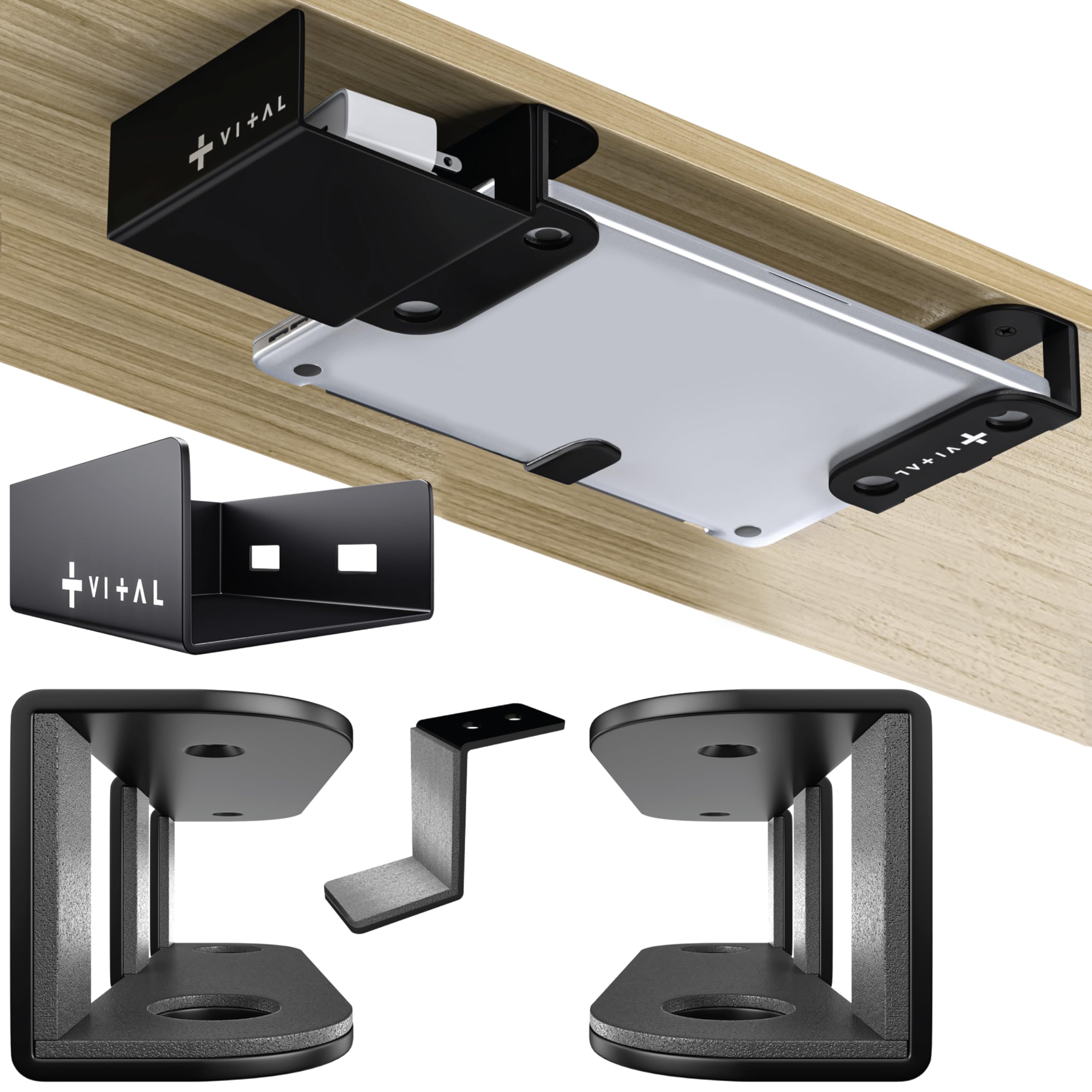 VI+AL Supporto da scrivania per computer portatile, ripiano nascosto in metallo con spazio laterale, si installa con nastro e viti, adatto a dispositivi fino a 4,3 cm di spessore, standard (senza