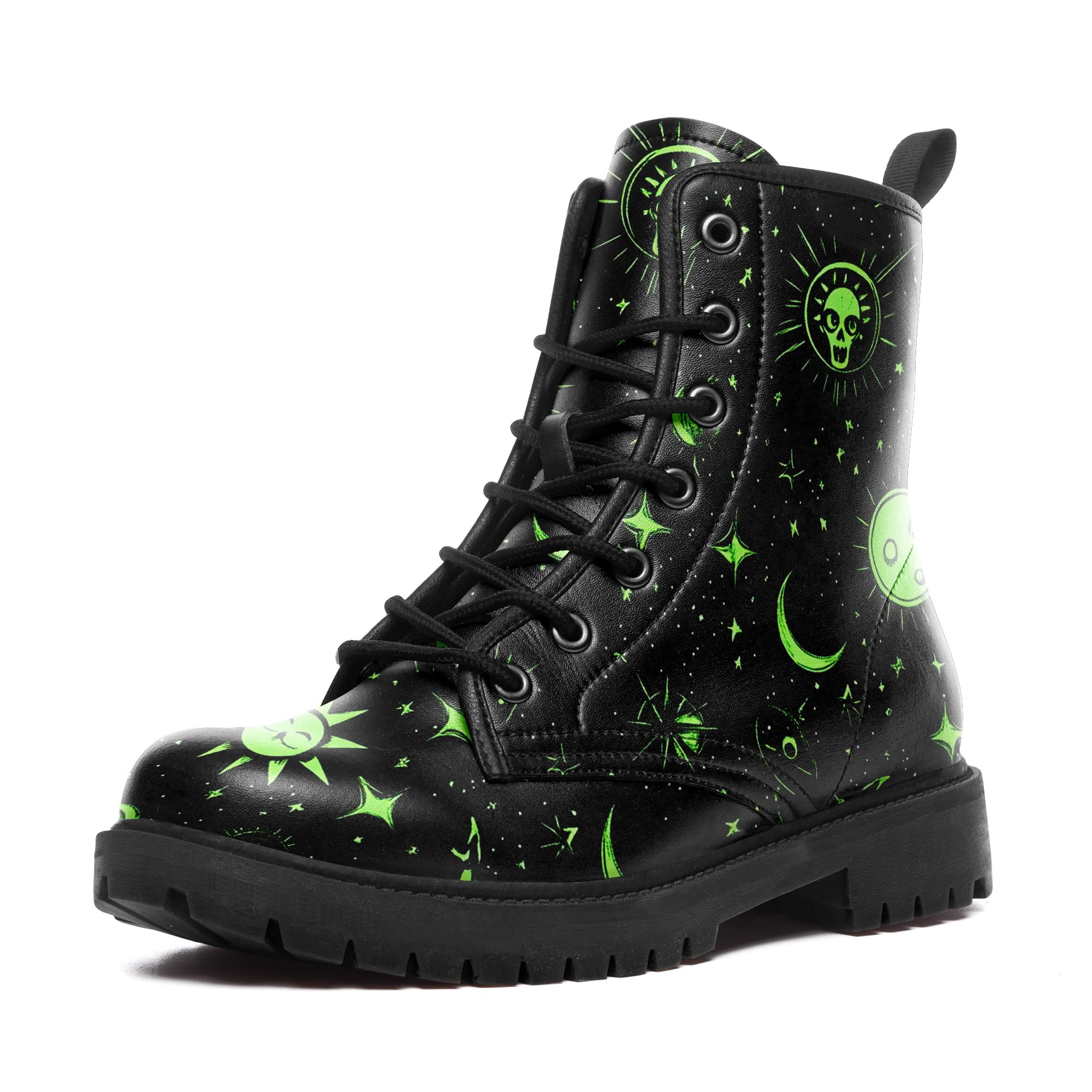 Womens Fashion Combat Boots Mens Starry Sky Ankle Boots Trendy Lace-up Water-proof Sun Moon Star Stylish Booties
