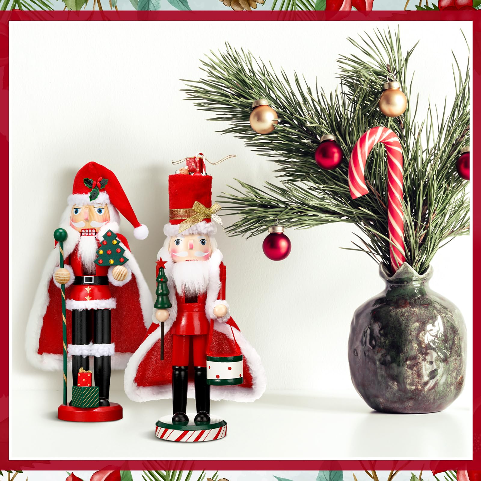 Soaoo Nussknacker-Figuren aus Holz, 33 cm, Weihnachtsmann-Nussknacker, dekorativ, rot, grün und weiß, Nussknacker, für Weihnachten, festliche Geschenke, Tischdekoration, 2 Stück