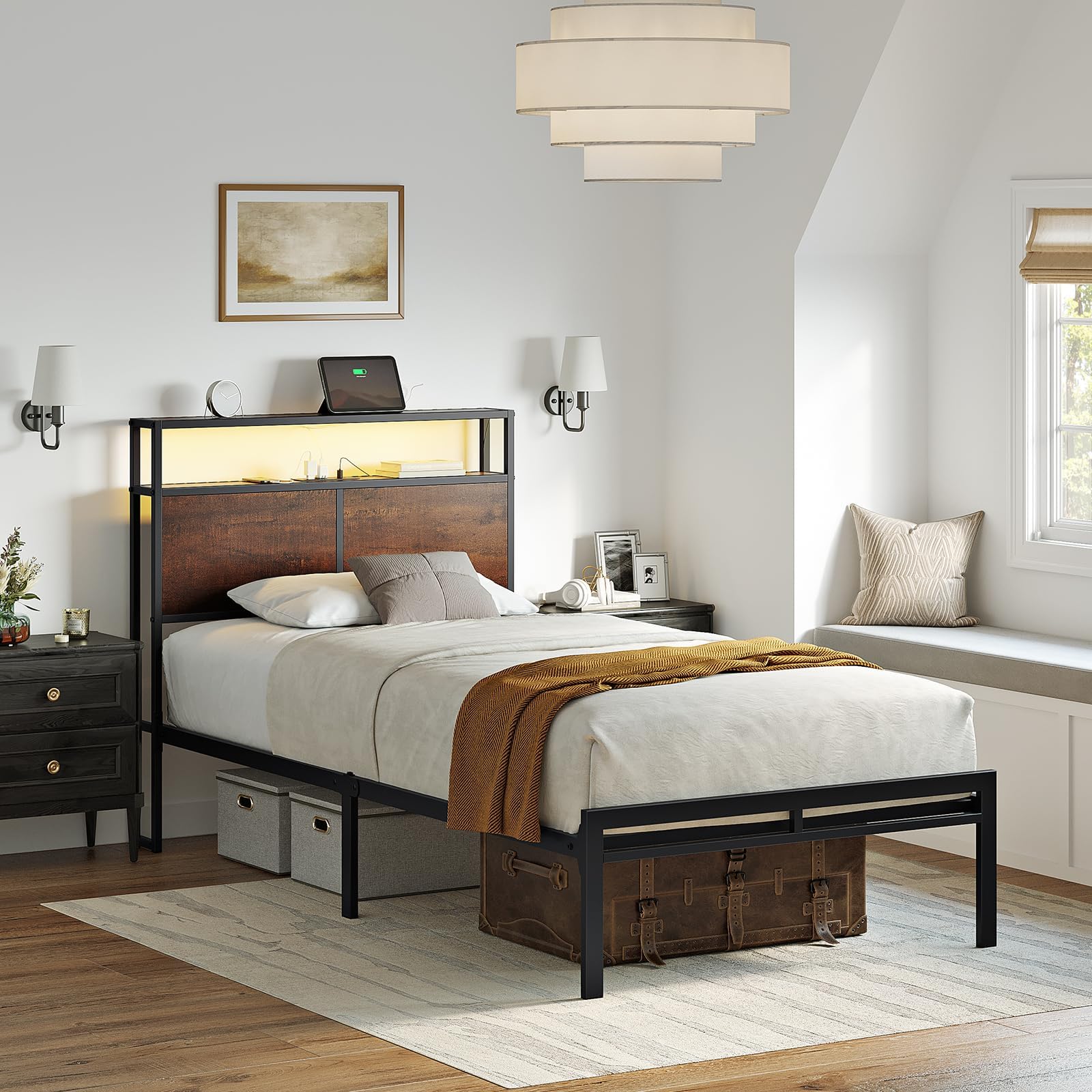 HAUSOURCE Twin Bed Frame with Storage Headboard Bed Frame Twin Size