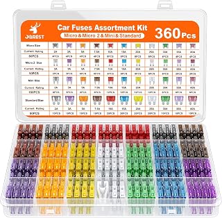 JOREST 360pcs Car Fuse Assortment Kit: 160 Mini + 90 Standard + 50 Micro + 60 Micro2 Fuses (2A-40A) w/Puller for Cars, Trucks, RVs