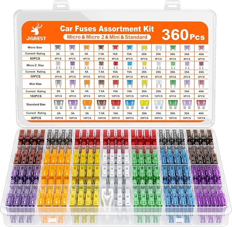 JOREST 360Pcs Car Fuse Assortment Kit, 160 Mini Blade Fuses Automotive + 90 Standard Auto Fuses + 50 Micro Fuse + 60 Micro2 – for RV/Truck/Motorcycle(2A 3A 5A 7.5A 10A 15A 20A 25A 30A 35A 40A)