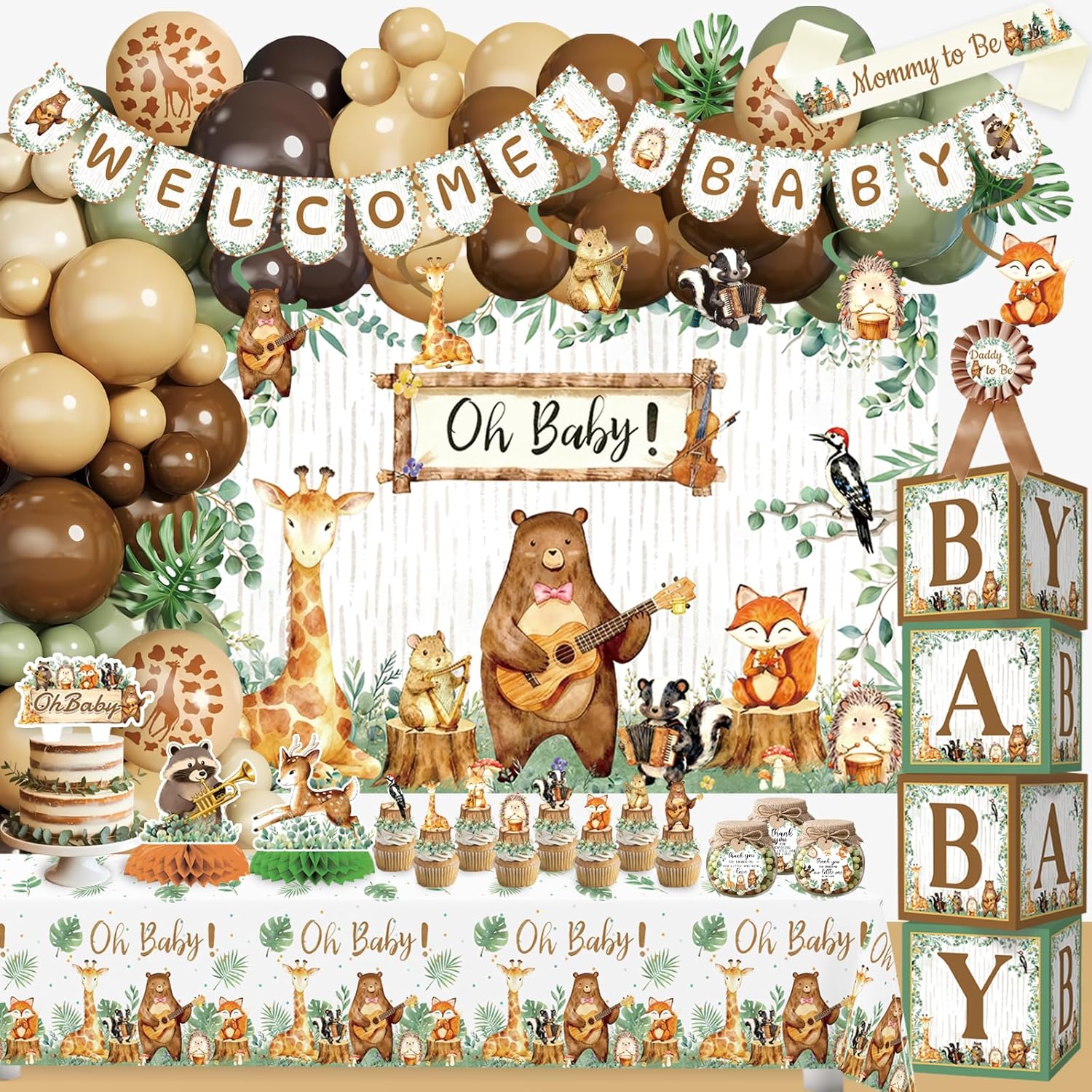 Woodland Animals Baby Shower Decorations Party Supplies, Forest Animal Neutral Gender Reveal Decorations Ideas, Balloon Arch Box Backdrop Tablecloth Cake Toppers Mom Sash Dad Pin Hanging Swirl Banner
