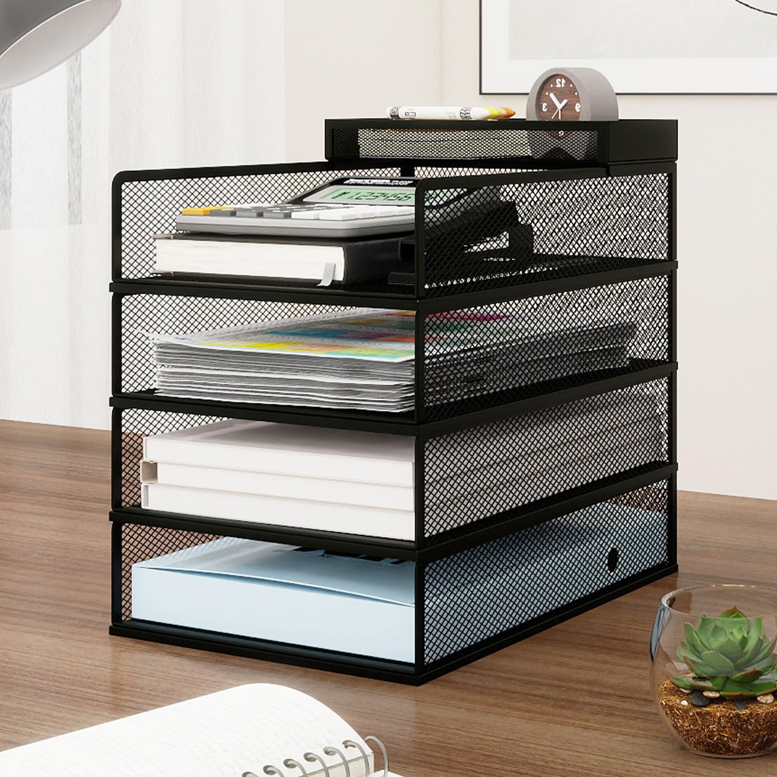 PUNCIA Porta Documenti da Scrivania in Metallo a 4 Livelli Organizer | Documenti Vassoio Porta Documenti Accessori Ufficio Vassoio per Lettere A4 Tavolo per Ufficio Domestico e Scola (Nero)