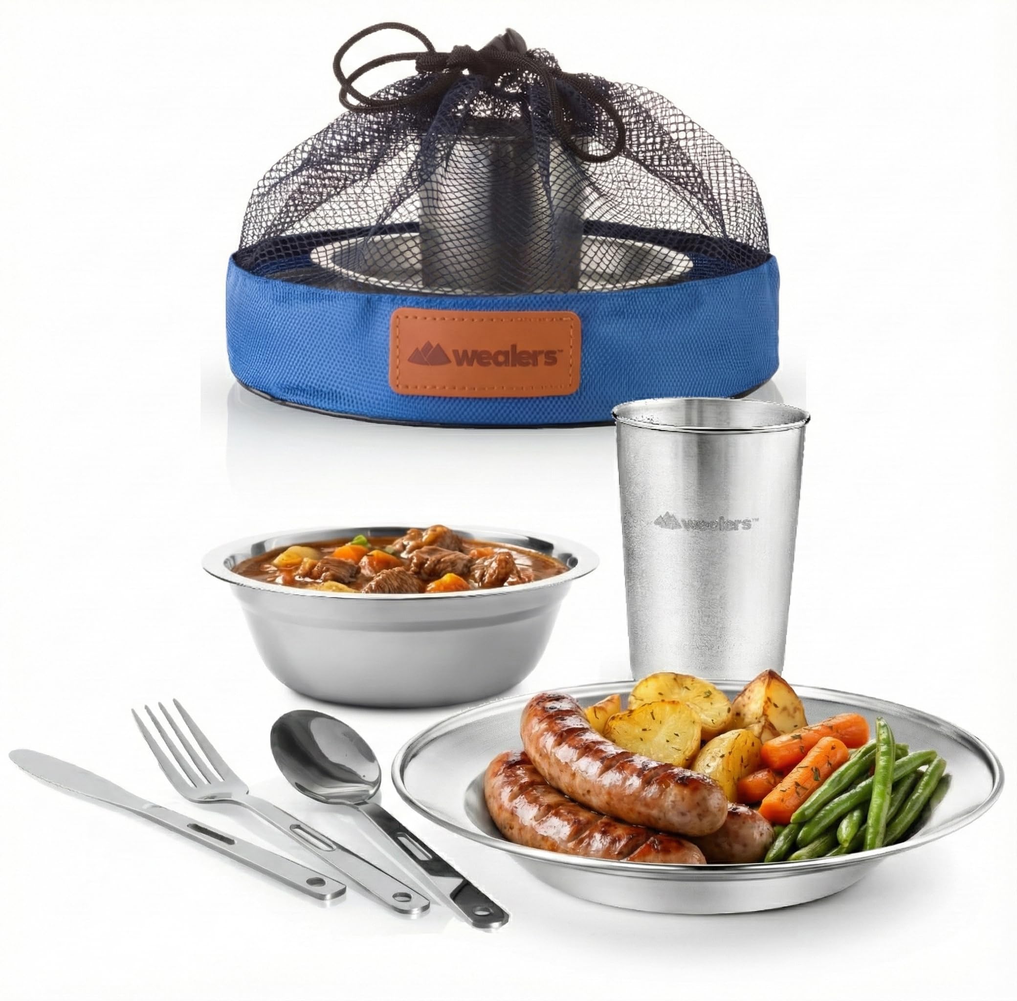Unique Complete Messware Kit Polished Stainless Steel Dishes Set| Tableware| Dinnerware| Camping| Includes - Cups | Plates| Bowls| Cutlery| Comes in Mesh Bags