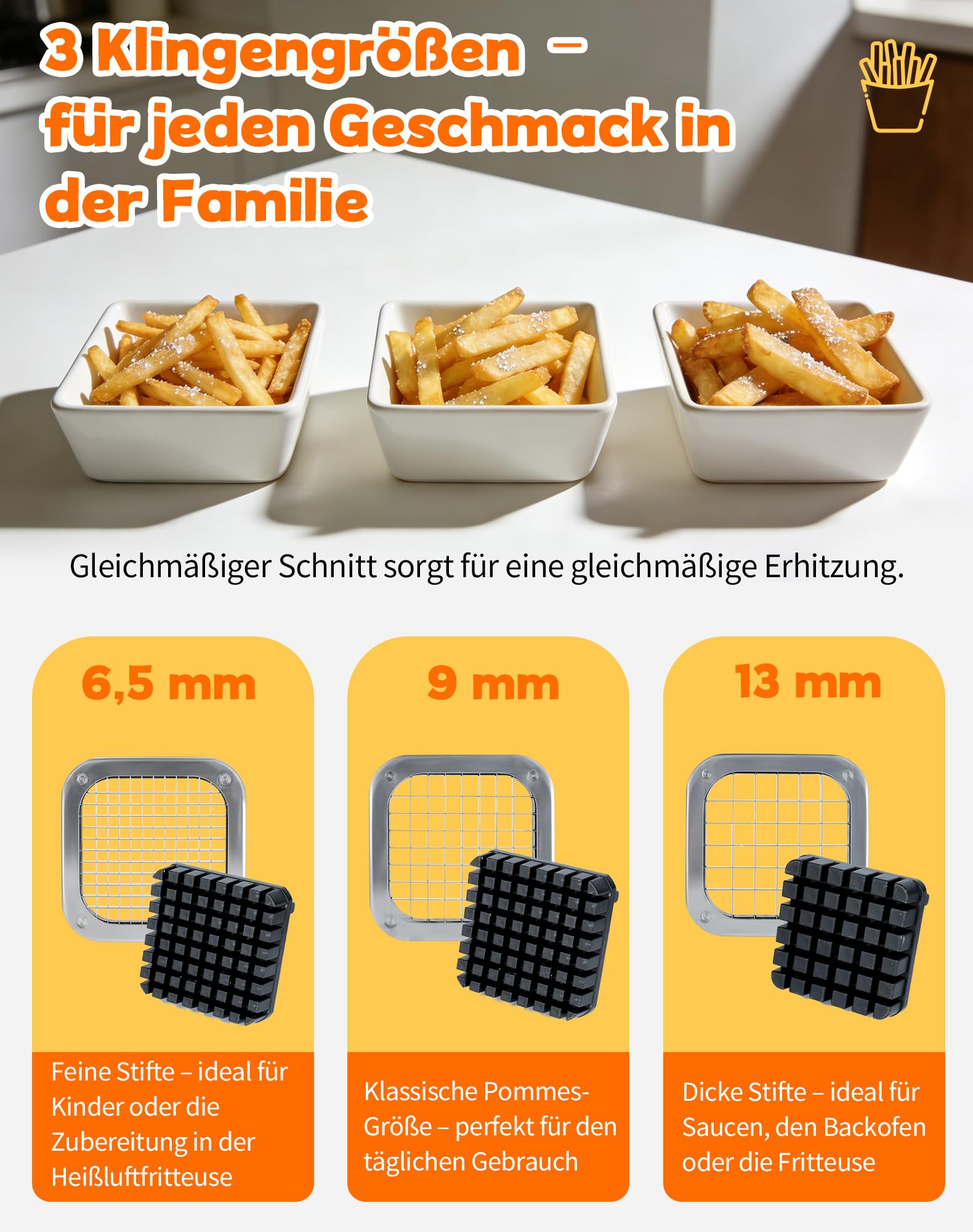 Professioneller Pommesschneider Edelstahl Kartoffelschneider mit 3 Klingen (6,5/9 / 13 mm), Pommespresse für Kartoffeln, Karotten & Gurken