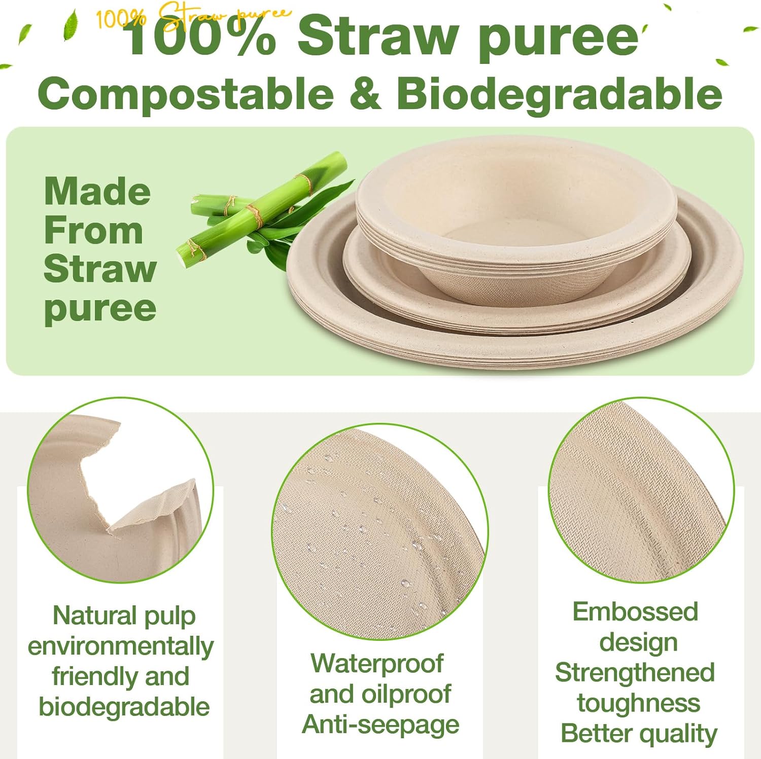 Havawish 75 Pcs Compostable Paper Plates and Bowls Set 7 Inch 9 Inch Disposable Plate 12oz Biodegradable Bowls for 25 Guests Party Dinner Party Supplies Bulk - Image 3