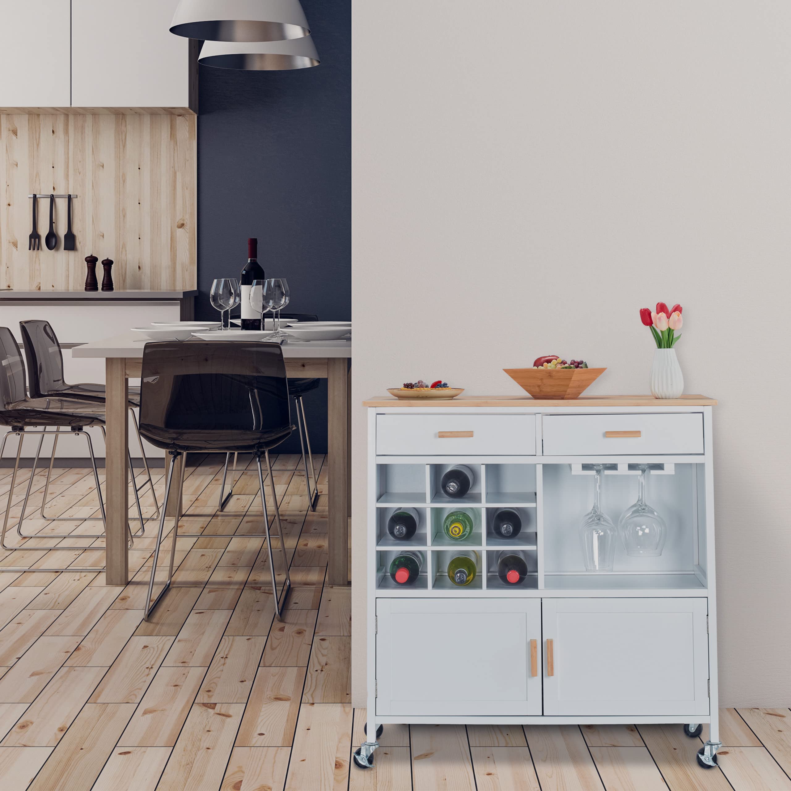 Relaxdays Carrello da Cucina, 2 Cassetti, Vano, Scomparti Calici e Vino, 88,5x86x41 cm, Piano di Lavoro, Bianco/Naturale