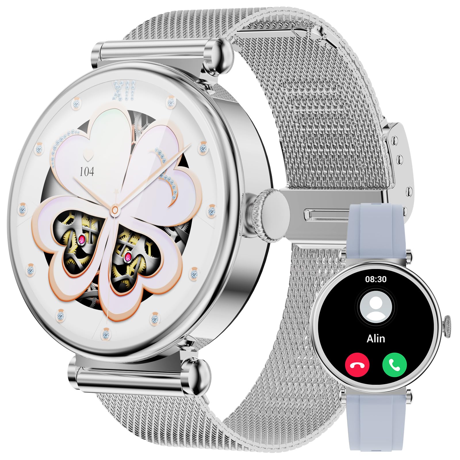 IFMDA Reloj Inteligente Mujer - 1,27" Smartwatch Mujer con Llamada Bluetooth,Notificación,100+ Deportes,Pulsómetro,SpO2,Monitor de Sueño,Podómetro,Smart Watch para Android iOS Plata,Regalo Mujer