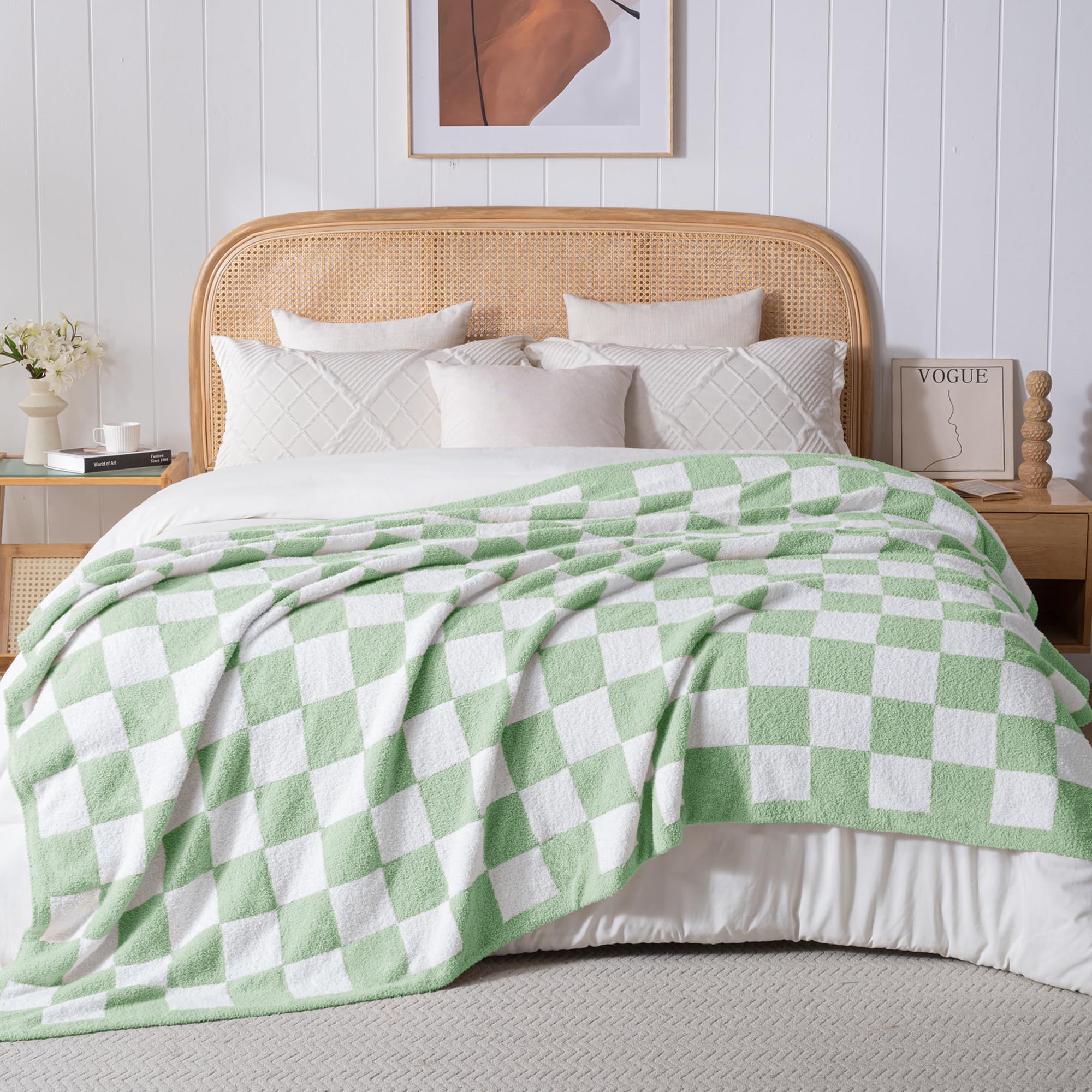 Exclusivo Mezcla Karierte Decke, Weiche Gestrickte Kuscheldecke, Kuschelige Karo Fleecedecke, Leichte Flauschige Decke für Sofa und Bett, 150x200 cm, Salbeigrün