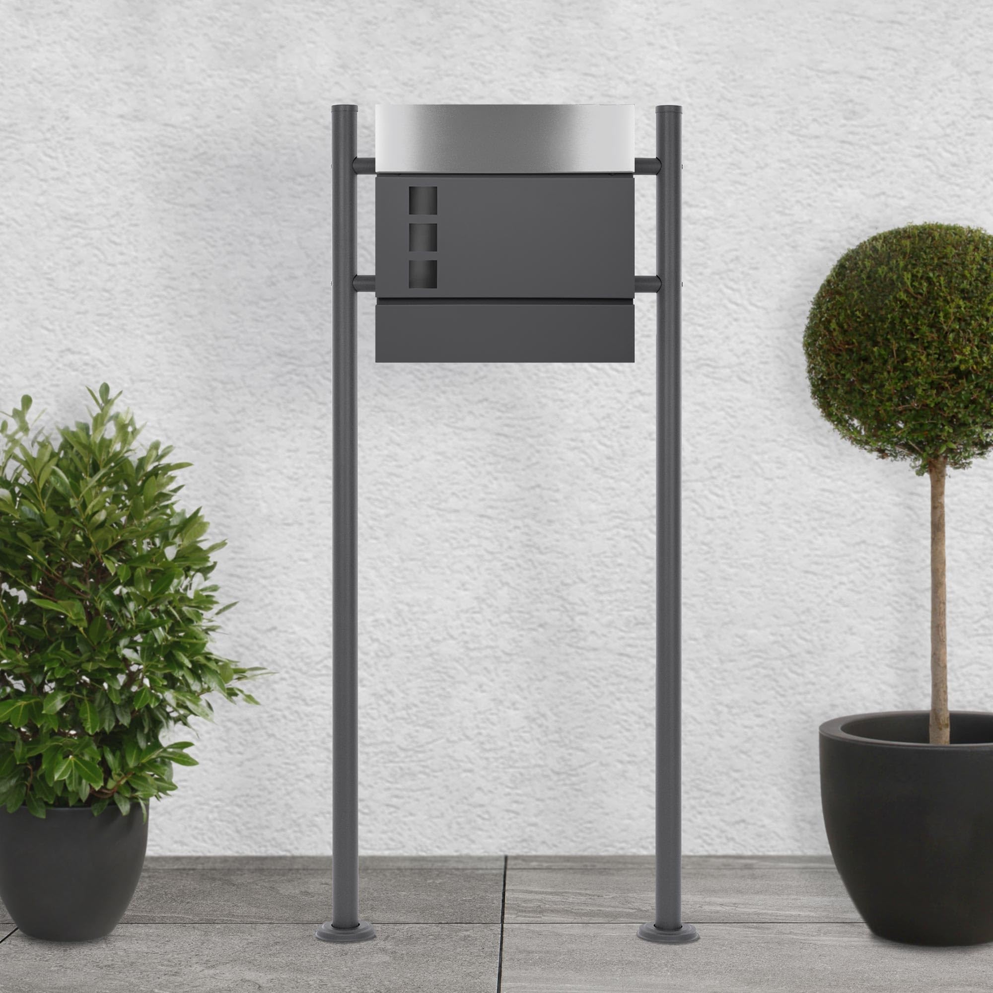 ECD Germany Buzón Correos Exterior Diseño Moderno de Pared con 3 Ventanas de Observación Compartimento para Periódicos 37x10,5x36,5 cm Acero Plata/Antracita Incl. 2 Llaves con Material de Montaje