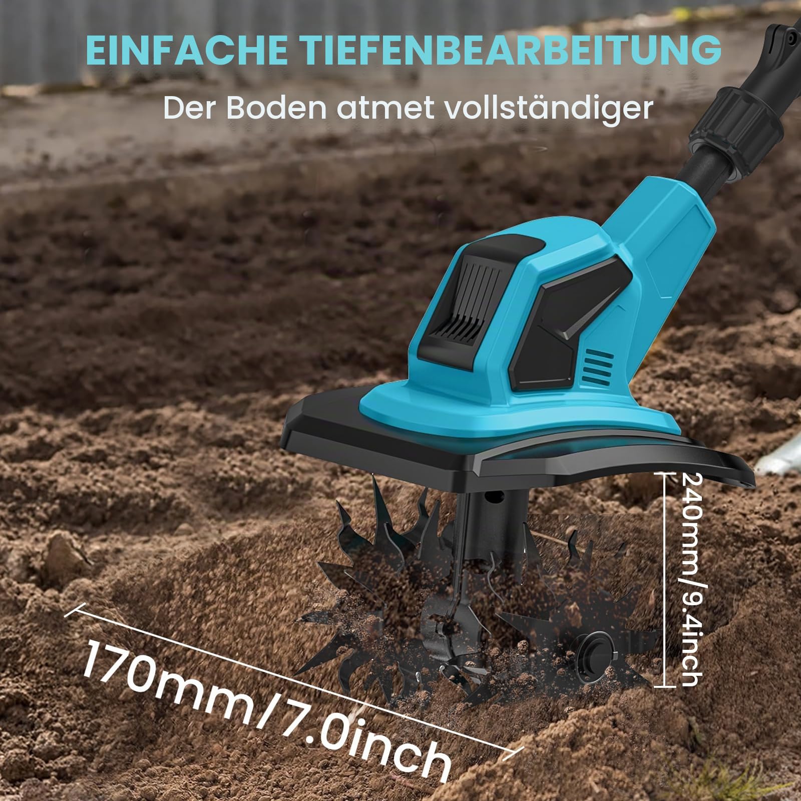 Elektrische Motorhacke, 21 V, kabellose Gartenfräse, 600 W, mit 2 x 4,0 Ah Batterien, Arbeitsbreite 17 cm, Arbeitstiefe 24 cm, 360 U/min, elektrische Motorhacke für Garten und Hof