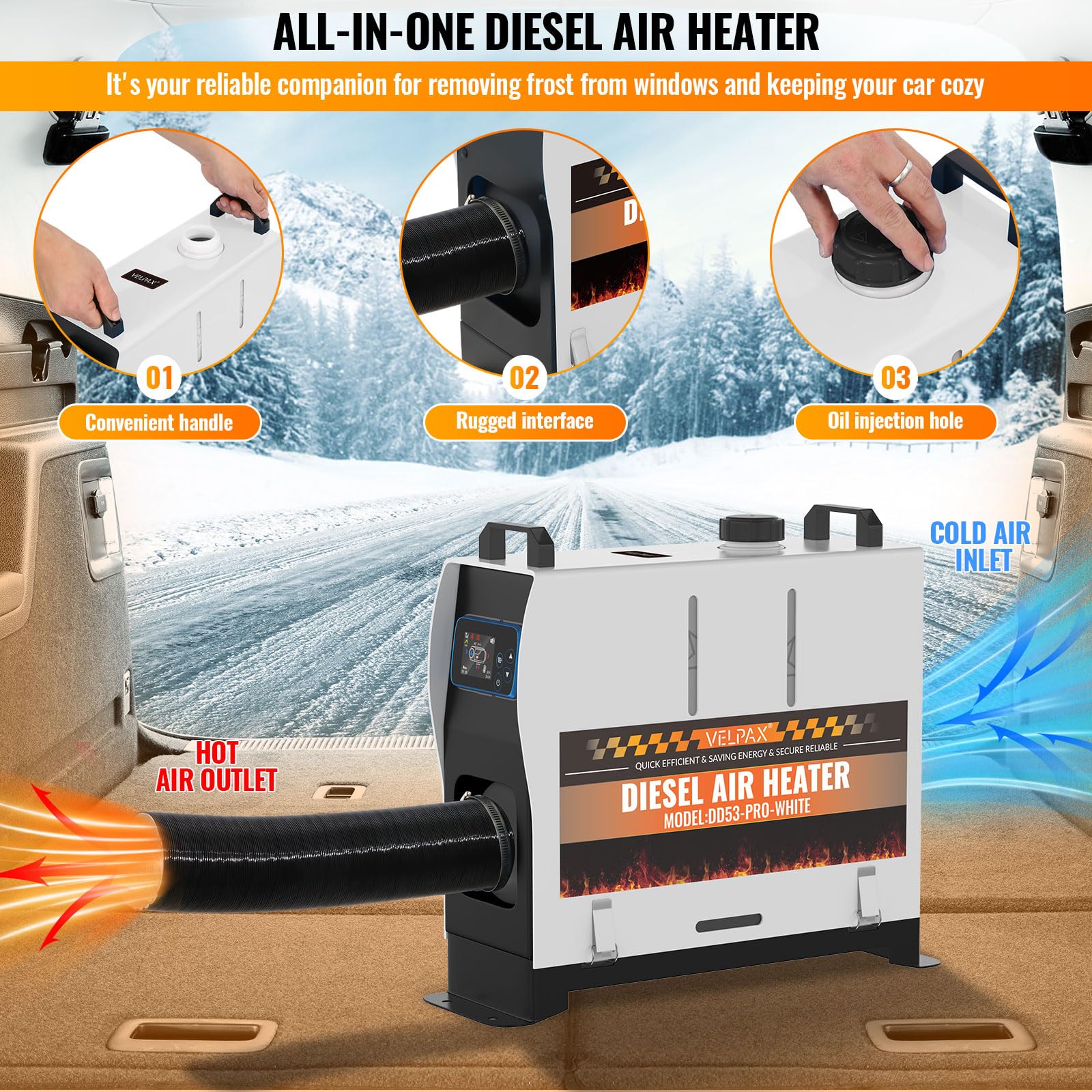VELPAX Chauffage Diesel 8 KW 12V/24/220V Tout-en-Un Portable Chauffage à Air Diesel,0,16-0,52 L/h Réchauffeur d'air Diesel 8-36 ℃ Réglable 15-20 m² Contrôle Intelligente Télécommande LCD Bluetooth APP