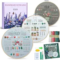 Kit de bordado para iniciantes adultos, pacote com 3 amostras de prática de 33 pontos, padrões pré-estampados, aro de 19 cm, fios e agulhas, guia passo a passo e vídeo, presente de artesanato