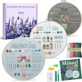 Kit de bordado para iniciantes adultos, pacote com 3 amostras de prática de 33 pontos, padrões pré-estampados, aro de 19 cm, fios e agulhas, guia passo a passo e vídeo, presente de artesanato