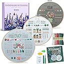 ETSPIL Embroidery Kit for Adult Beginners, 3-Pack 33-Stitch Practice Samplers, Pre-Stamped Patterns, 7.8-Inch Hoop, Threads & Needles, Step-by-Step Guide & Video, DIY Needlework Craft Gift for Women