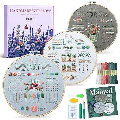 ETSPIL Embroidery Kit for Adult Beginners, 3-Pack 33-Stitch Practice Samplers, Pre-Stamped Patterns, 7.8-Inch Hoop, Threads & Needles, Step-by-Step Guide & Video, DIY Needlework Craft Gift for Women - simple B