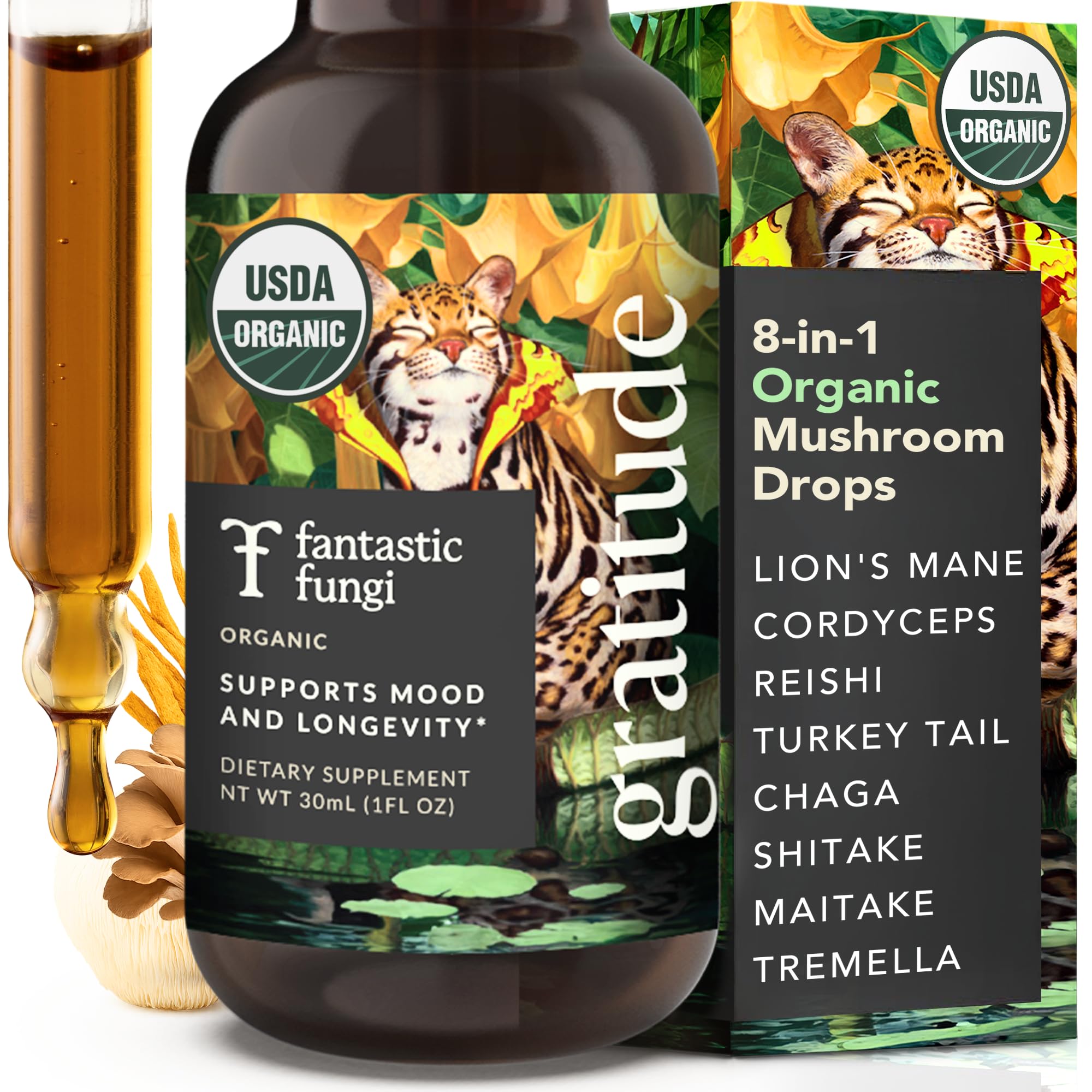 Mushroom Extract - 8-in-1 Organic Complex Mushroom Supplement with Cordyceps, Reishi, Lion’s Mane, Chaga, Turkey Tail, Shiitake, Maitake & Tremella - Adaptogen Liquid Tincture, 1 fl oz