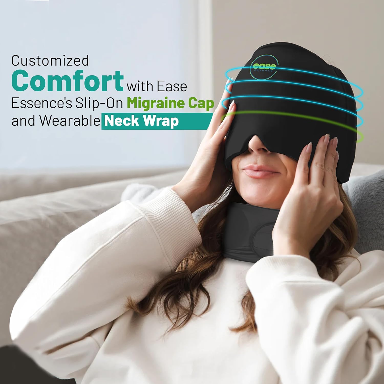 Migraine Relief Cap & Neck Ice Pack Wrap Set - Soothing Headache Relief Cap and Shoulder Cold Pack - Hot and Cold Compress Products for Head and Cervical - Stress, Hangover & Puffy Eyes