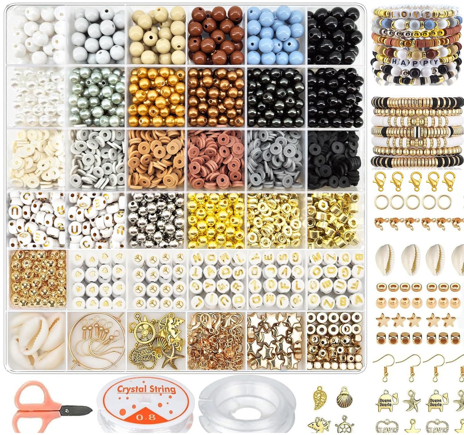 2500+ Pcs Clay Beads Bracelet Making Kit - 24 Colors Beads with Gold Letter Beads, Shell Pendants & Jewelry Findings, DIY Jewelry Set for Teen Girls Adults