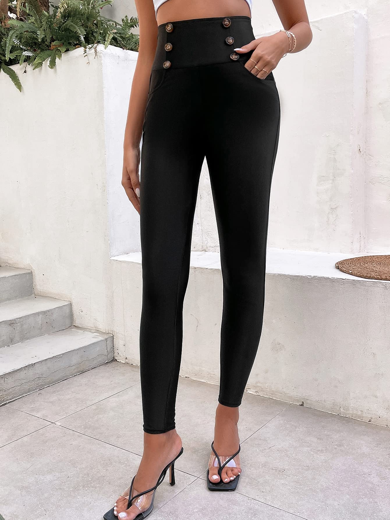 REDESYN Pants for Women Womens Pant High Waist Button Detail Skinny Pants Pants Color Black Size X-Large