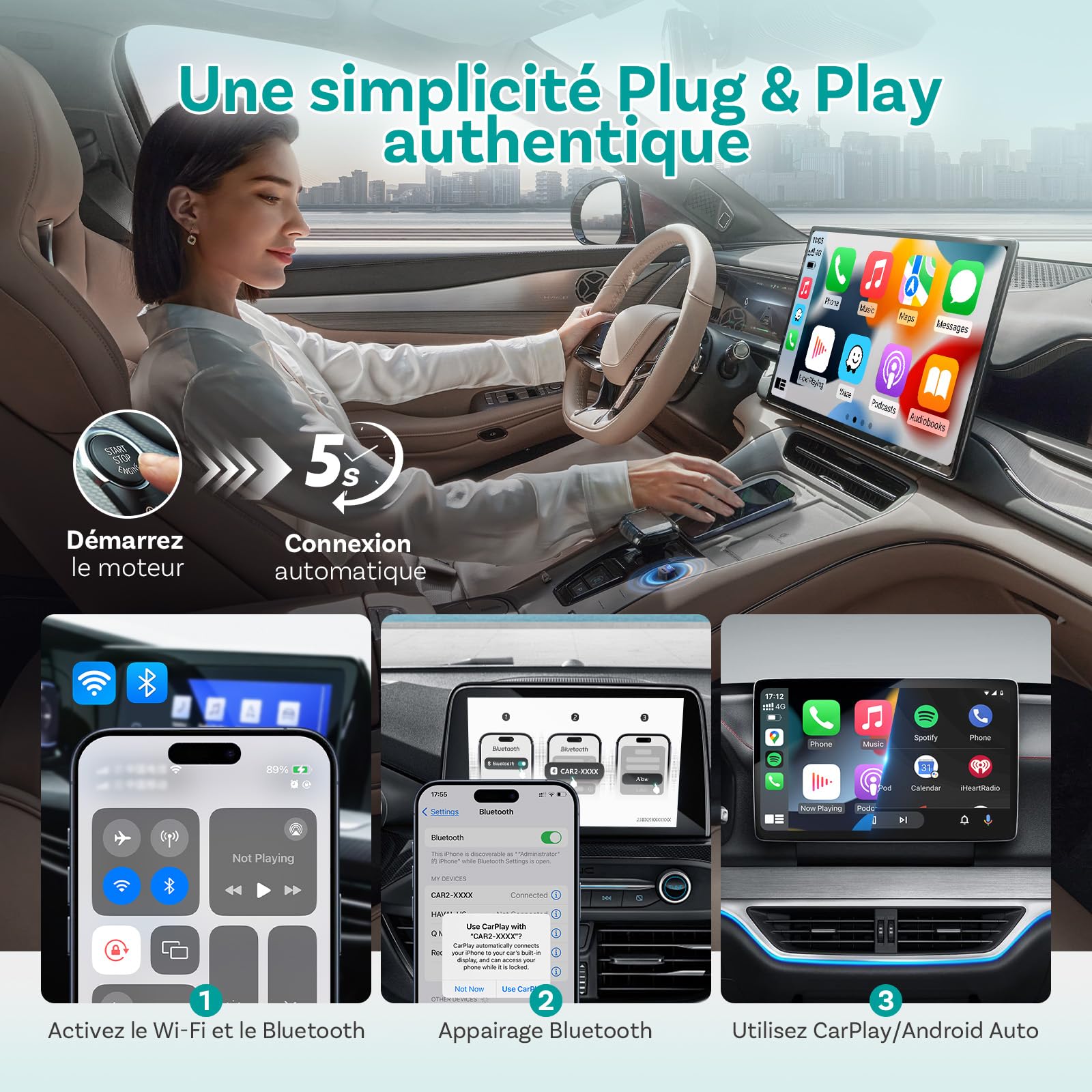 (2026 Nouveau) OTTOCAST 2 en 1 sans Fil Adaptateur CarPlay & Android Auto, Ottocast Mini Pico avec Déconnexion en Un Seul Appui, BT 5.4, Plug & Play pour Voitures avec CarPlay/Android Auto d’Origine