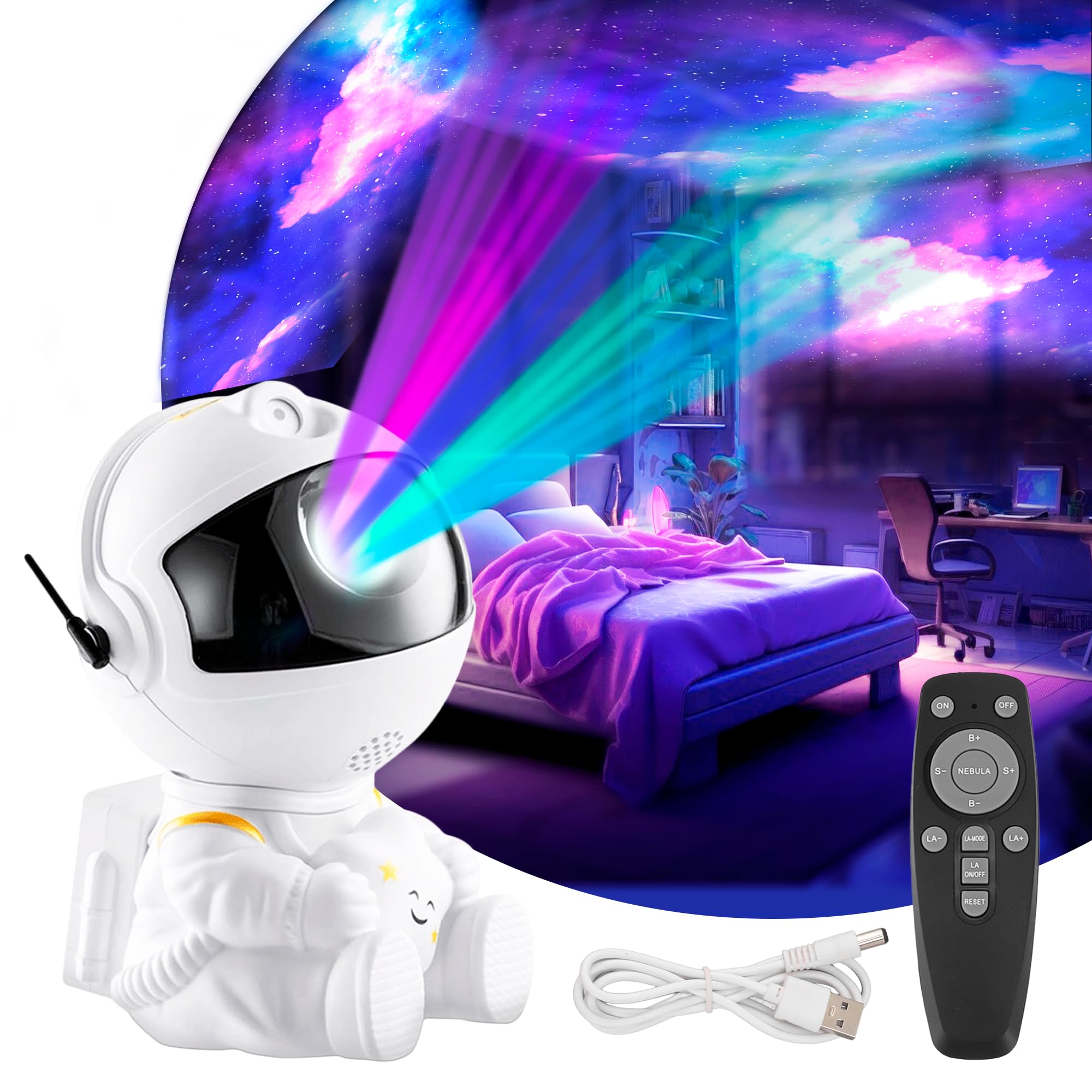 JUPPLIES - Proyector Astronauta Galaxy para Techo de Dormitorio con Mando a Distancia y 8 Modos - Proyector de Estrellas Led con Rotación y Luz Nocturna para Niños (Sin altavoz)