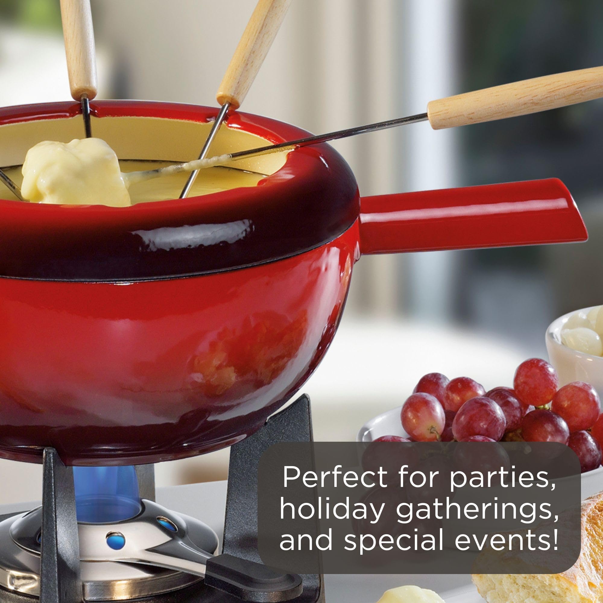 Spring Żeliwny zestaw do fondue czerwony | Ø 20 cm | z 8 widelcami do fondue i ochroną przed pryskaniem | do fondue serowego, fondue mięsnego | palnik Rechaud