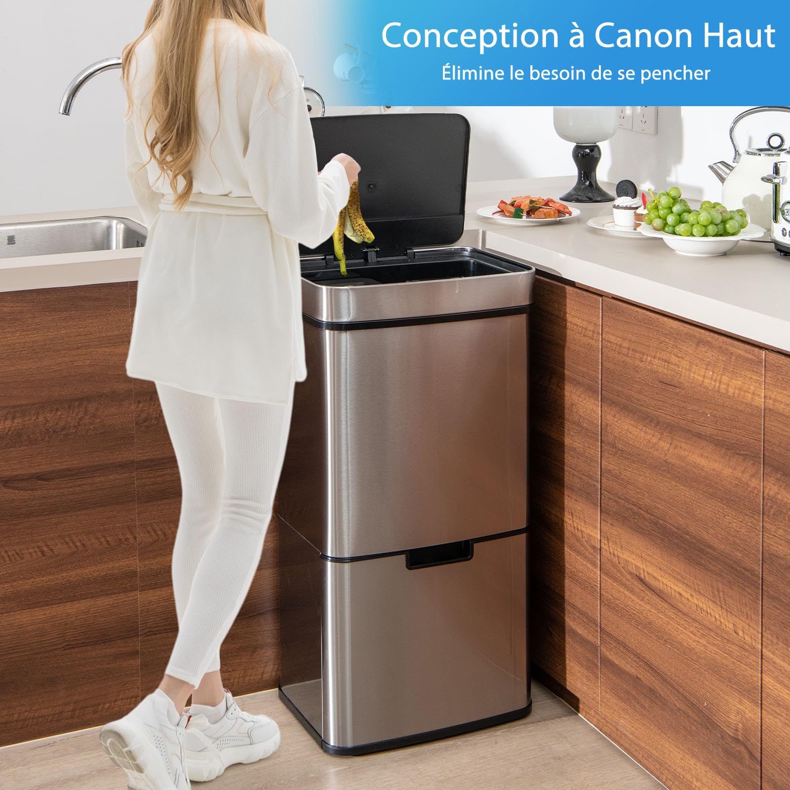 GOPLUS - Cubo de basura para cocina sin contacto, sensor de movimiento inteligente, cubo de reciclaje, cierre lento, para cocina, 42 x 32-58 x 84-110 cm