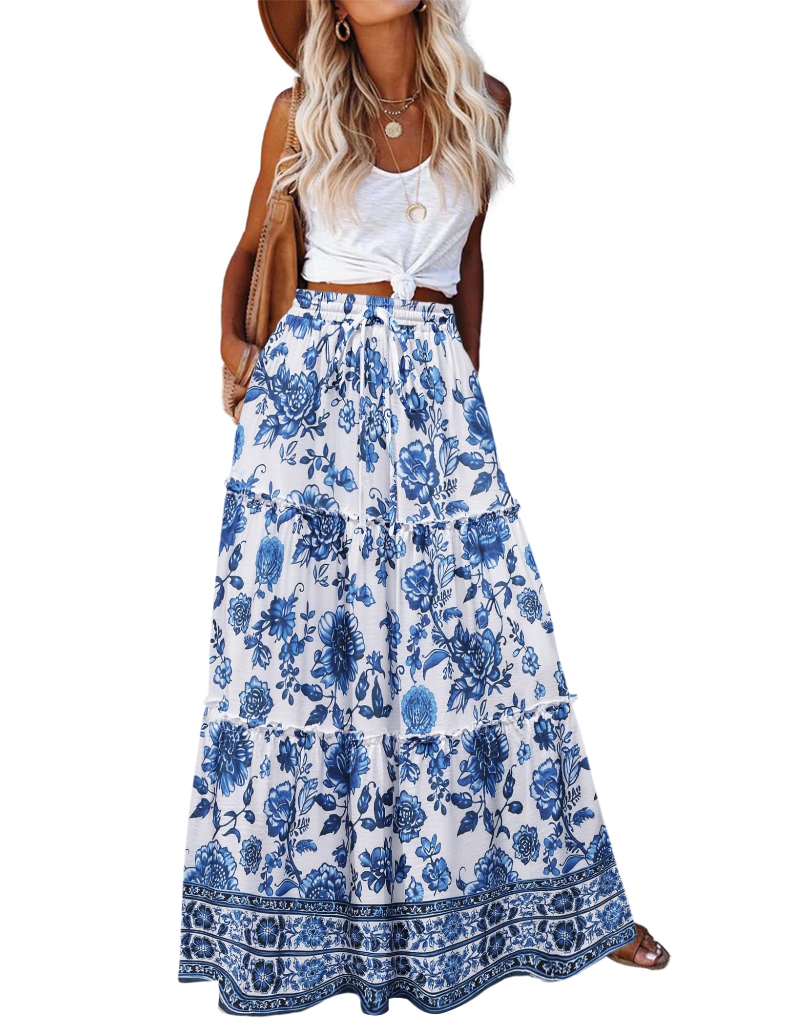 – Women's Skirts Elegant Maxi Skirt Elastic High Waist Long Skirt with Pockets Casual Summer A Line Skirts for Women UK Boho Holiday Beach Skirt