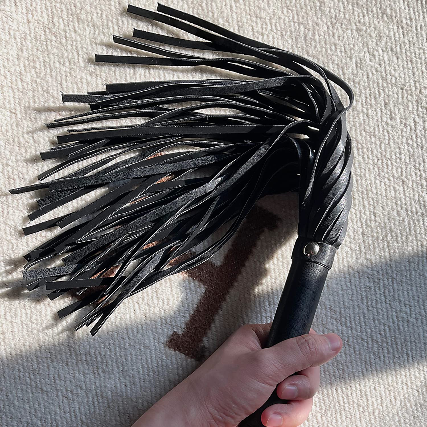 Black Leather Whip Flogger Handle Tassels Braided