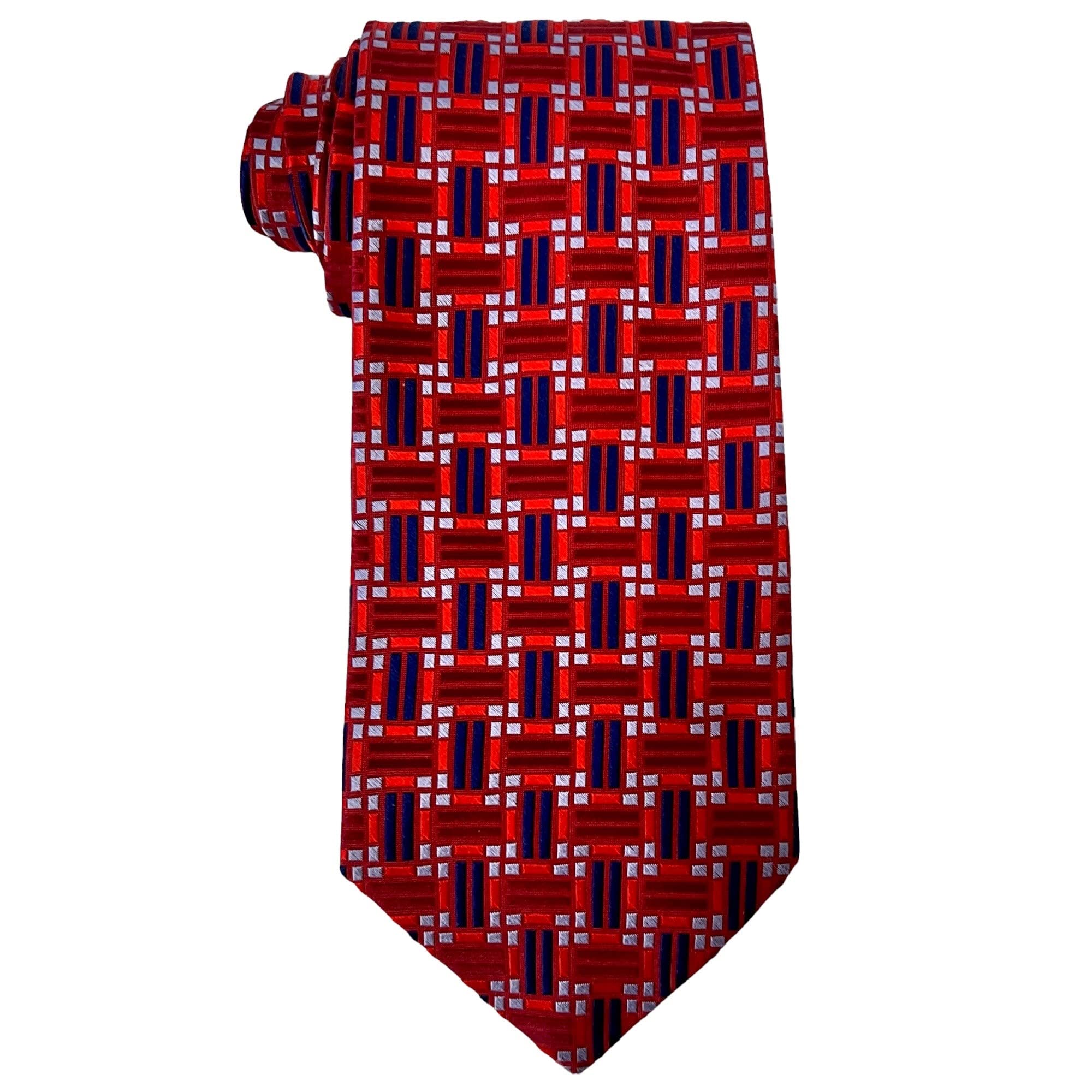 Robert Talbott Best of Class Men's 4-in Wide Silk Neck Tie, Red and Navy Geometric Rectangle, Red, Large
