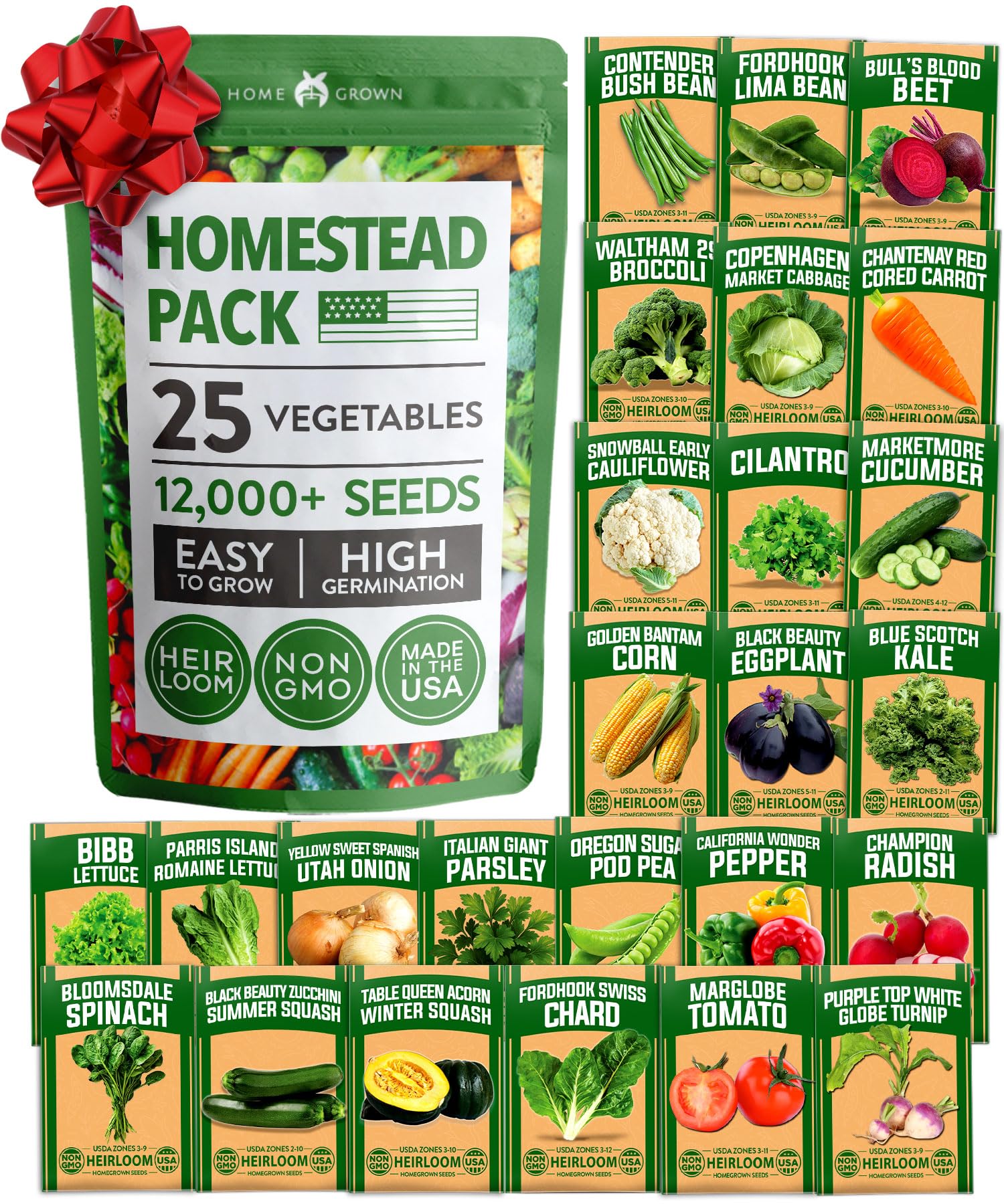 HOME GROWN 25 Heirloom Vegetable Seeds Kit - 12,000+ Non-GMO Seeds for Planting Vegetables, Survival Garden Seed Vault, Tomatoes Carrots Beans Kale Peppers, Indoor Outdoor Garden