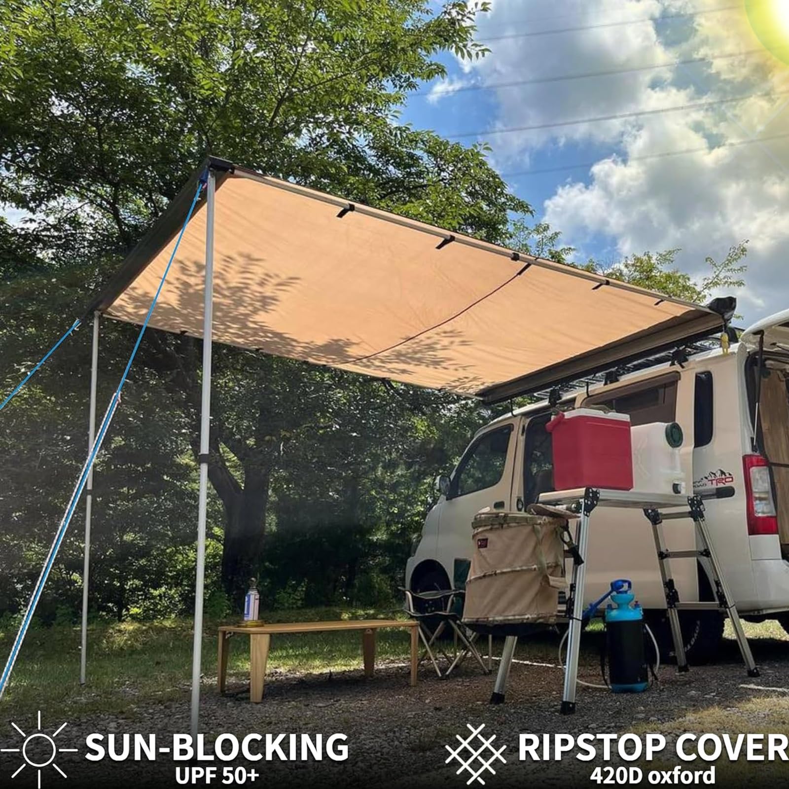 Auto Markise 200 x 250 cm, Ausziehbare Dachgepäckträger Markise, UV50+, PU 2000 Mm Wasserdicht, für Camping, PKW, SUV, LKW und Transporter(200x250cm)