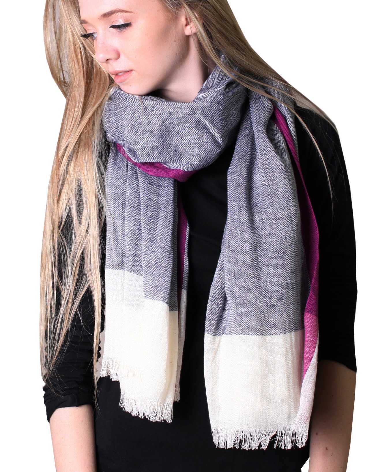 Anika DaliClassy Blue Herringbone Scarf, Handloom Cotton, Off White Border