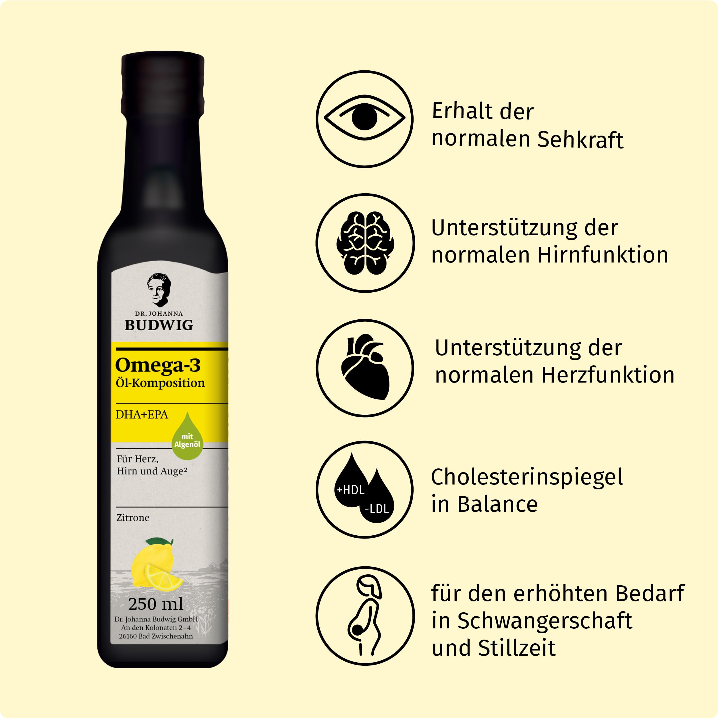 Dr. Budwig Premium Omega 3 DHA + EPA Öl Zitrone (250ml) | Bio Leinöl & Algenöl - hochdosiertes DHA & EPA - vegan - flüssig - laborgeprüft - Omega 3 für Kinder - Alternative Fischöl
