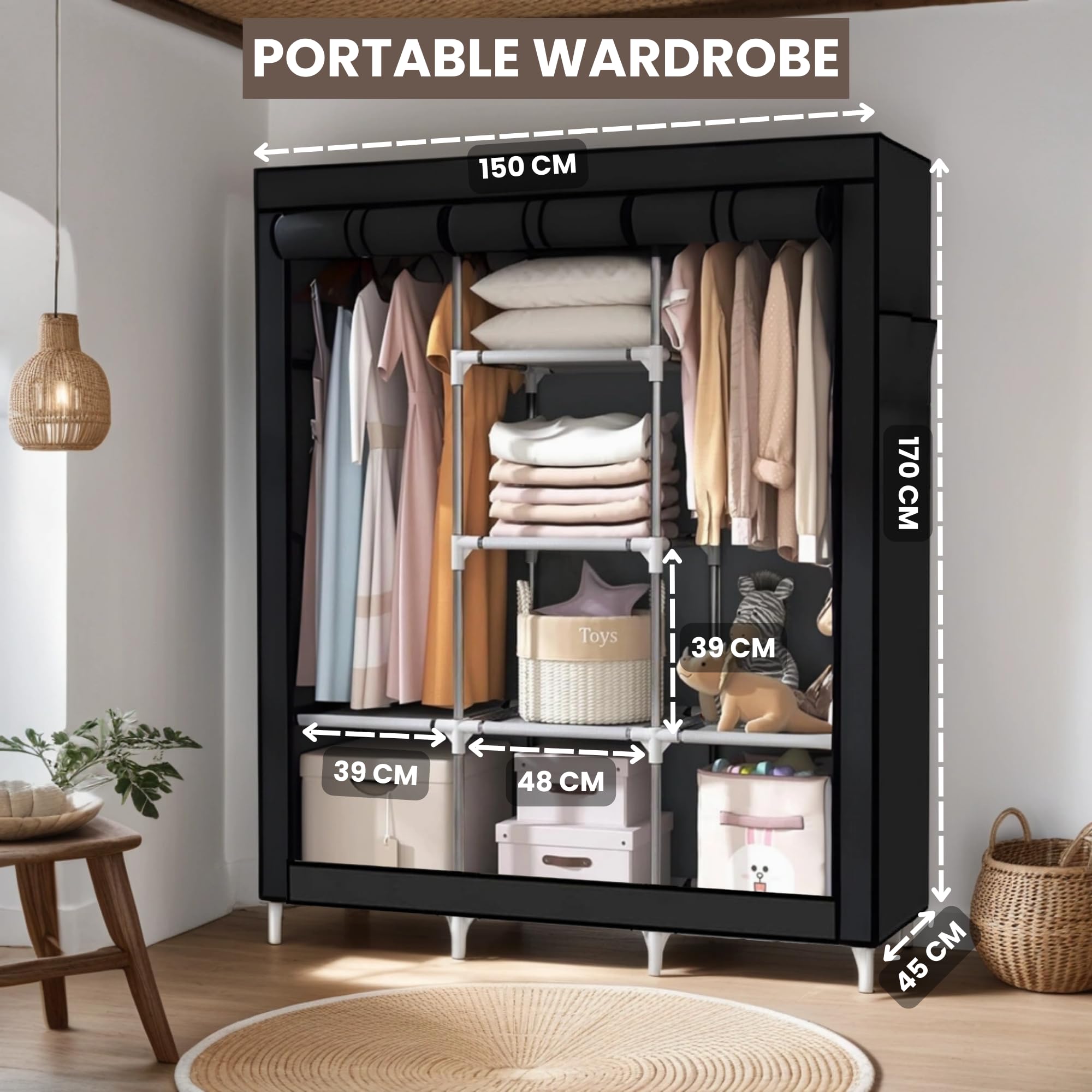 MAGIC SELECT Armario portátil, plegable con cremallera, impermeable, organizador de almacenamiento para el hogar, dormitorio, sala de estar y garaje (150x170x45cm)