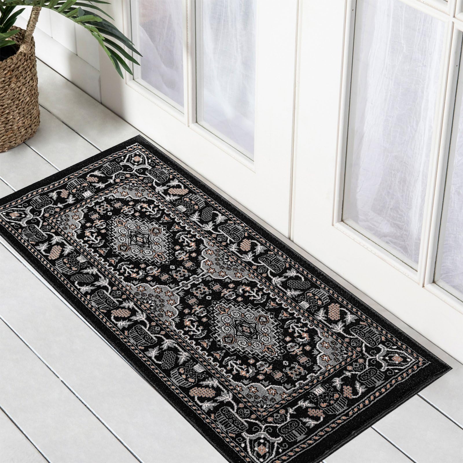 renoazul® Small Rugs For Bedroom With Jute Back, Vintage Rug - Zinat 60 x 110 cm Black - Washable Mats For Kitchen Floor, Bedside, and Welcome Mat — image 1