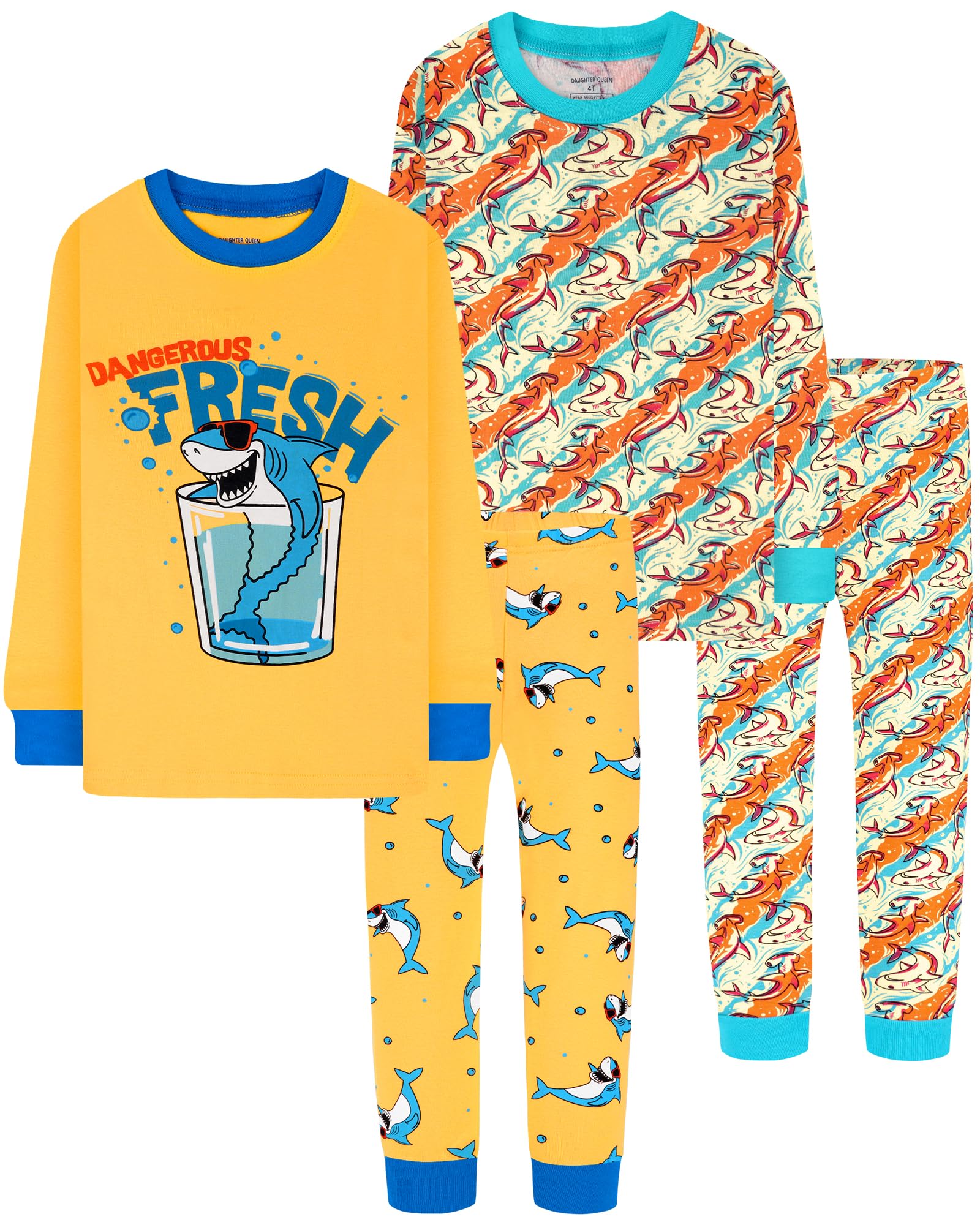DAUGHTER QUEEN Boys Pajamas 4 Pieces Long Set 100% Cotton Sleepwear Size 18 Months-12 Years