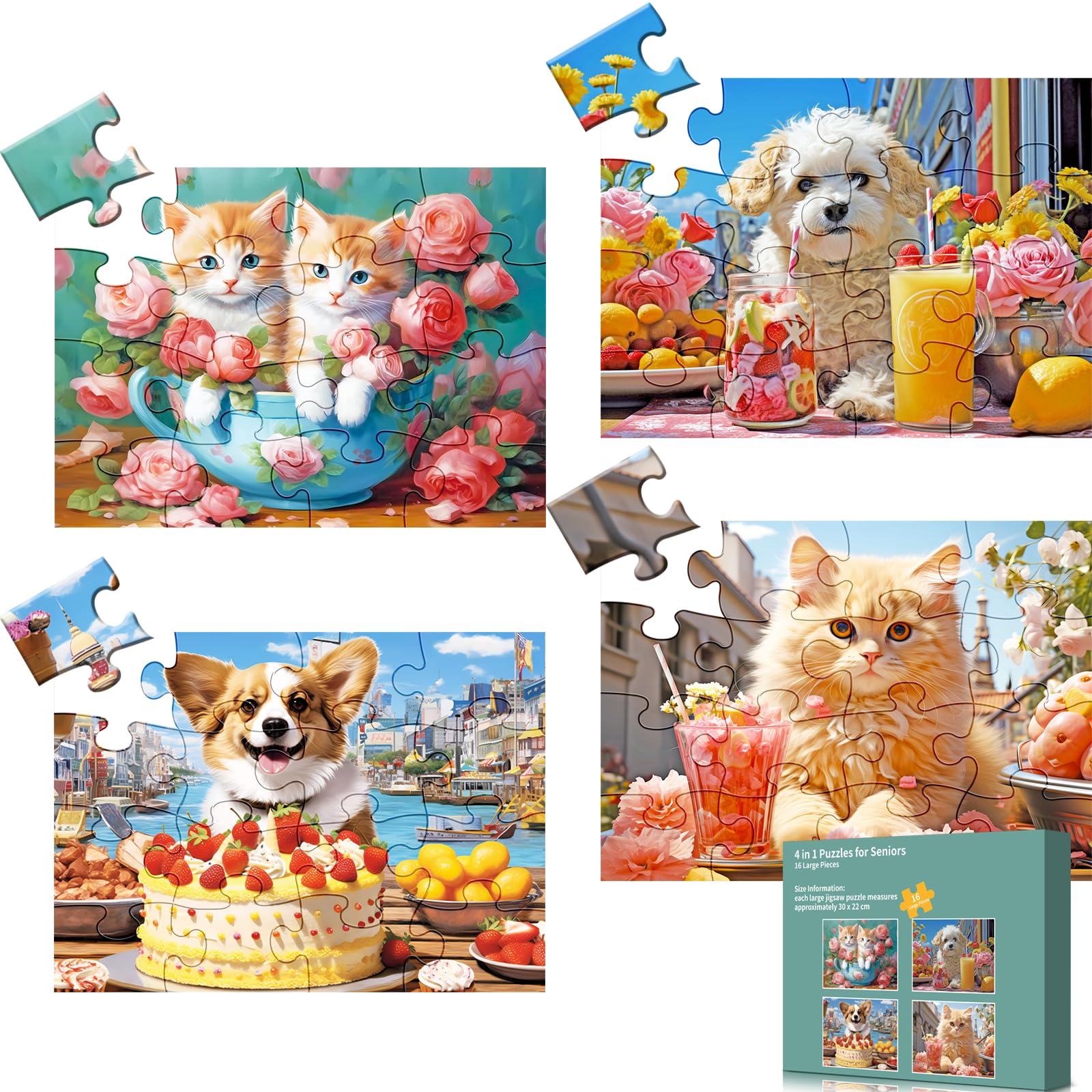 mjyphdm 4 Pack 16 Large Piece Puzzle for Seniors, Alzheimer's Cognitive Jigsaw Puzzles for Elderly, for Dementia Easy Fun Puzzles Memory Game with 4